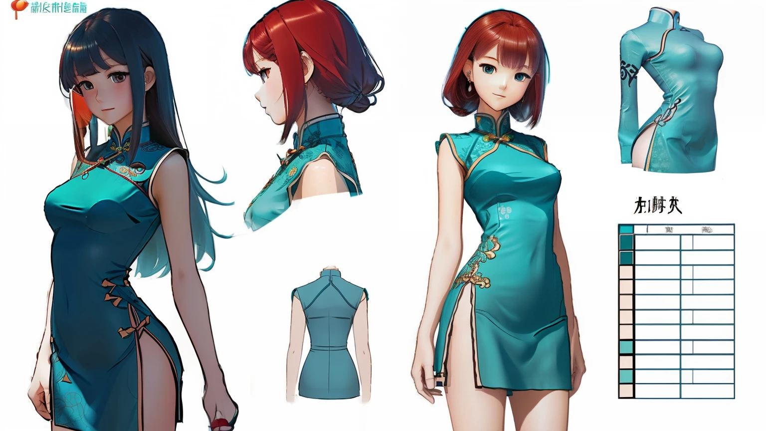 ((highest quality)), ((masterpiece)), ((realistic)) 19 years old, redhead girl, shoulder length hair, relaxed and happy face ((thin)) (Big breasts), ((( Chinese dress turquoise blue short dress))) (((mini skirt))) ((sexy dress)) Odango hairstyle (((detailed character sheet, Front view, Side view, 3/4 view))) (((white background))) 6 and a half whole bodies