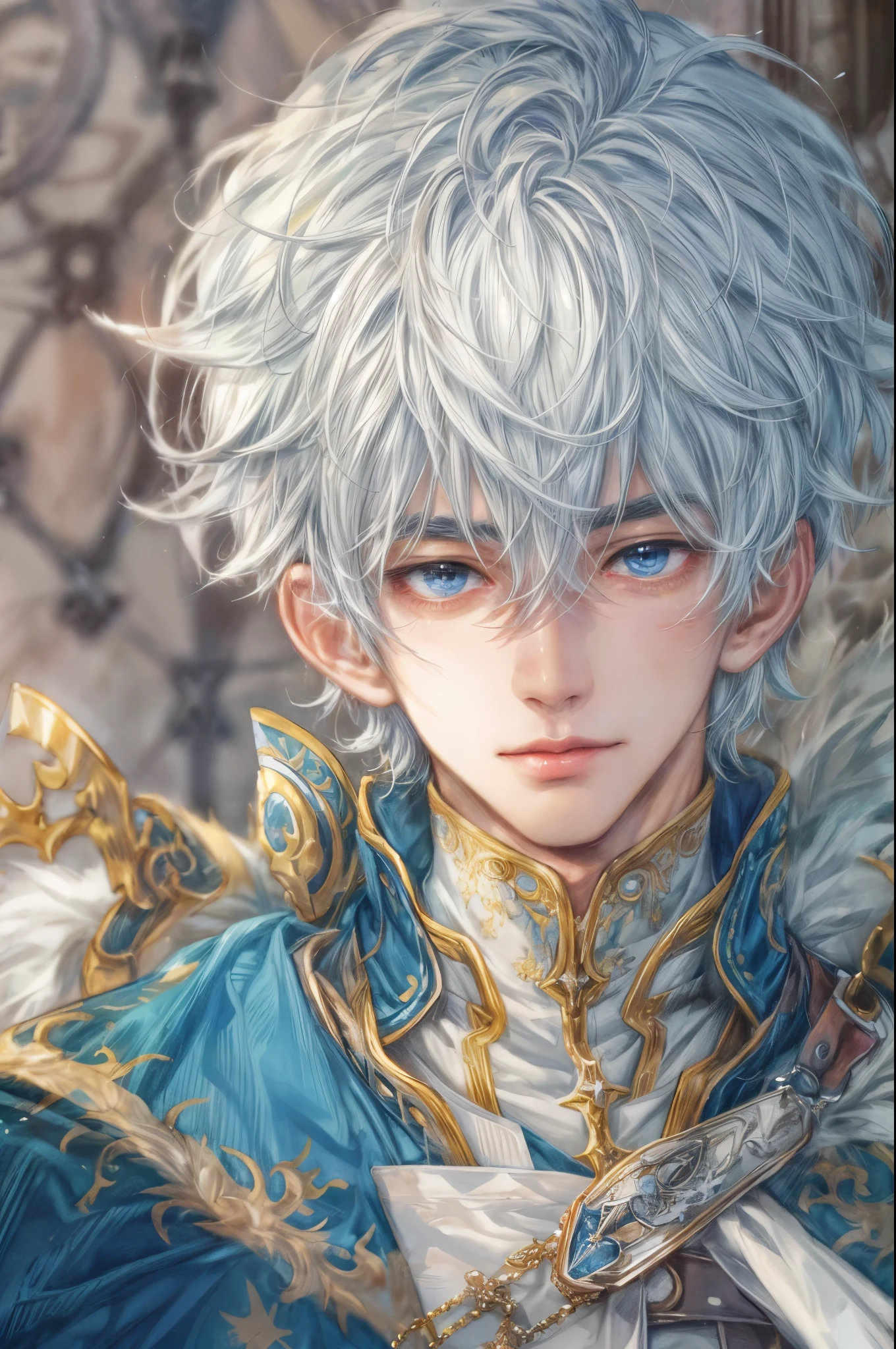 (absurdres, highres, ultra detailed, HDR), masterpiece, intricate, best quality, portrait of a handsome hero from tales of the rays, short hair, korean face, anime eyes, Ice Prince outfit detailed interiors medieval style, detailed character