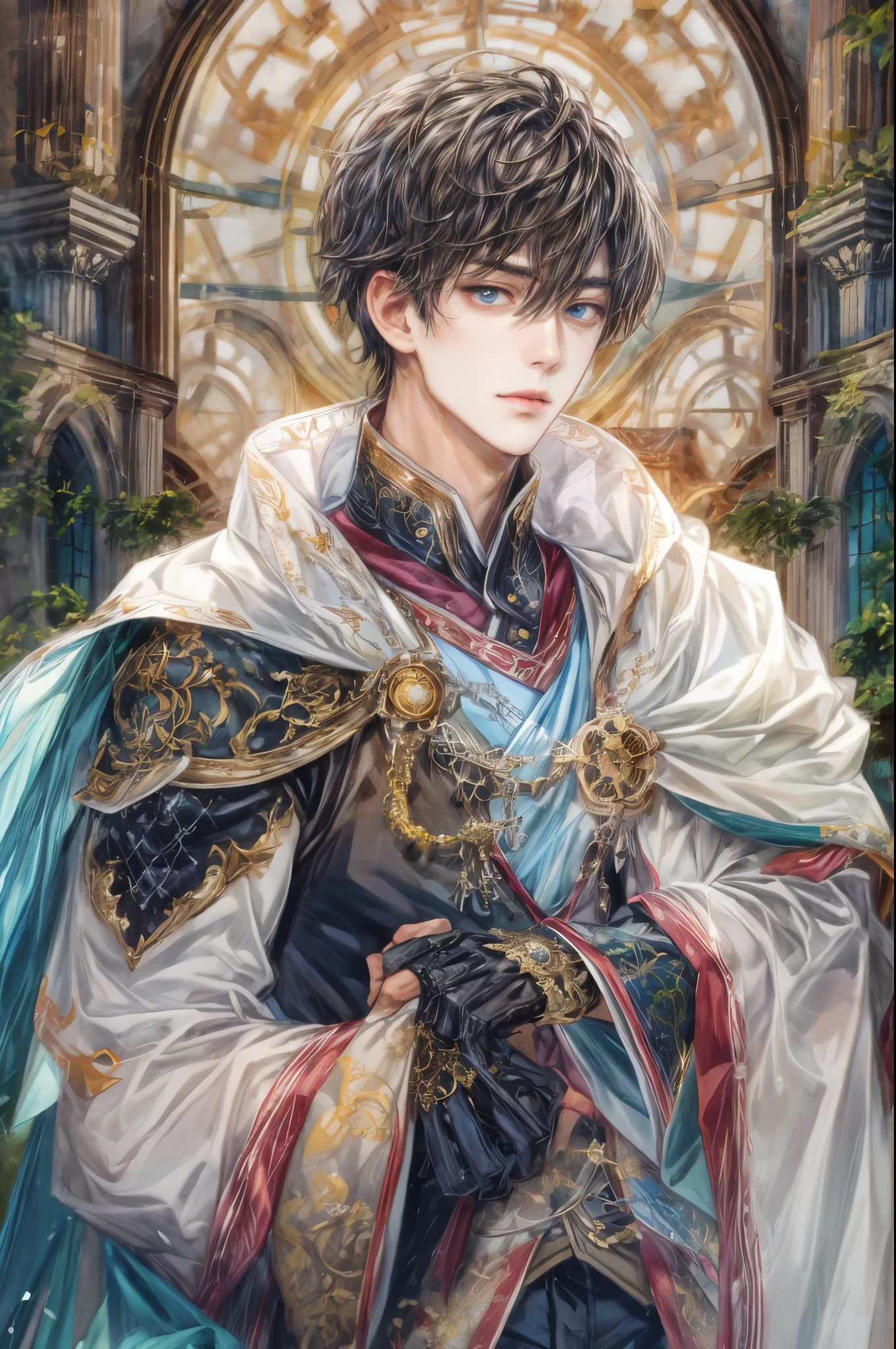 (absurdres, highres, ultra detailed, HDR), masterpiece, intricate, best quality, portrait of a handsome hero from tales of the rays, short hair, korean face, anime eyes, Ice Prince outfit detailed interiors medieval style, detailed character