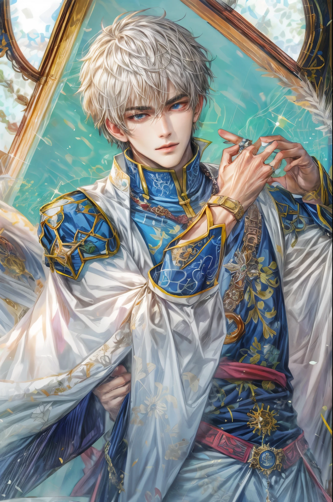 (absurdres, highres, ultra detailed, HDR), masterpiece, intricate, best quality, portrait of a handsome hero from tales of the rays, short hair, korean face, anime eyes, Ice Prince outfit detailed interiors medieval style, detailed character