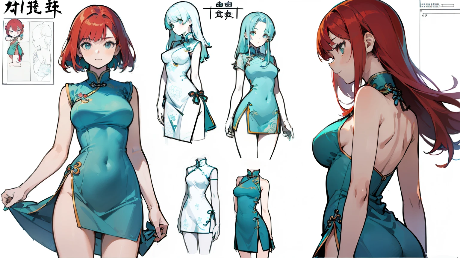 ((highest quality)), ((masterpiece)), ((realistic)) 19 years old, redhead girl, shoulder length hair, relaxed and happy face ((thin)) (Big breasts), ((( Chinese dress turquoise blue short dress))) (((mini skirt))) ((sexy dress)) Odango hairstyle (((detailed character sheet, Front view, Side view, 3/4 view))) (((white background))) 6 and a half whole bodies