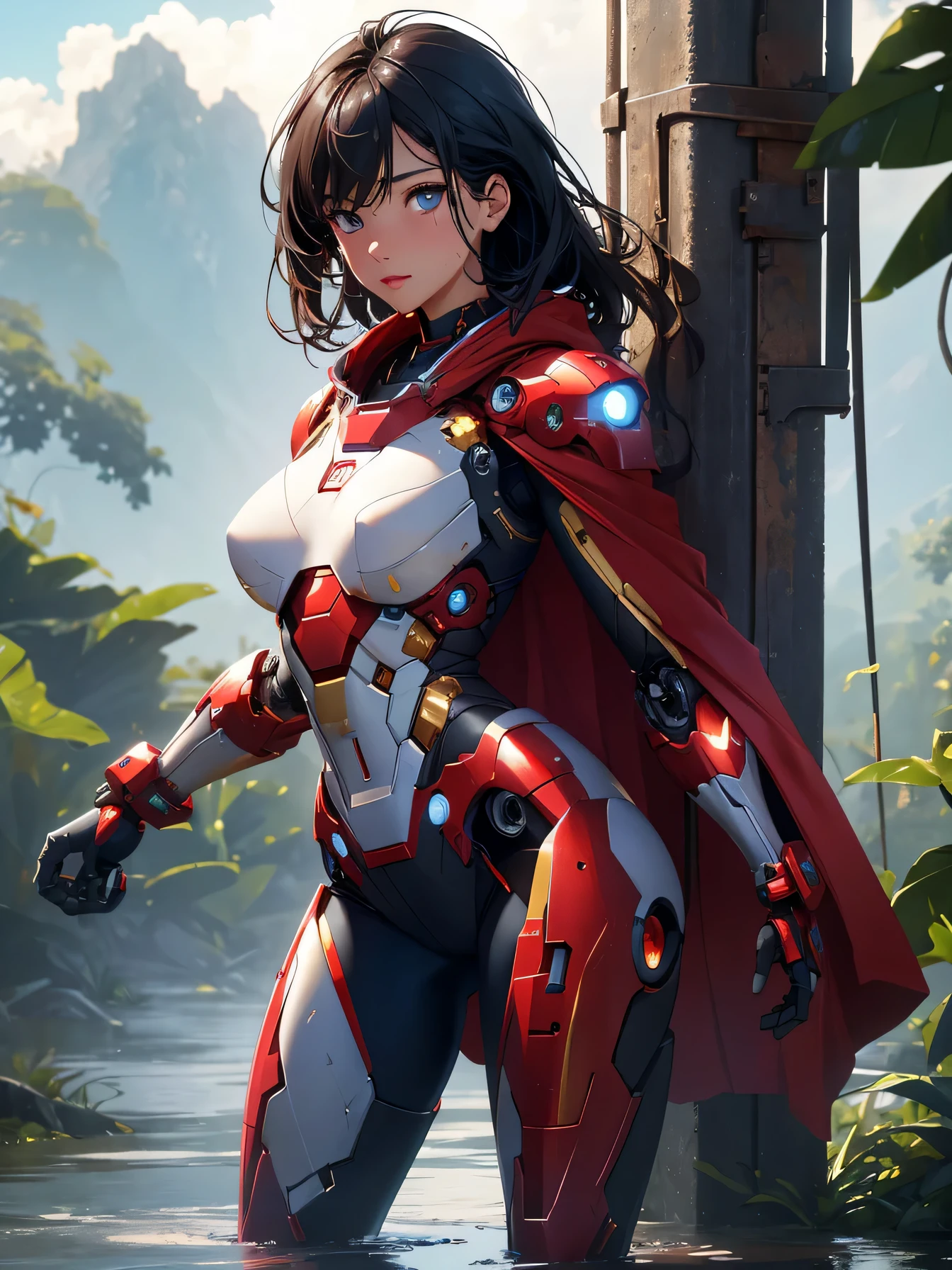 1female,19 years old,bit girl,super adorable,smallunderboob ,Pornographic exposure, solo,(Background with:hilltop,the rainforest,in summer,Standing water on the ground,exteriors) Feel free to hairstyle,Stride,Sweat profusely,drenched all over the body,seen from the front,Long black hair , mostly cloudy sky,(((tmasterpiece),(Very detailed CG unity 8K wallpaper),best qualtiy,cinmatic lighting,detailed back ground,beatiful detailed eyes,Bright pupils,(Very fine and beautiful),(Beautiful and detailed eye description),ultra - detailed,tmasterpiece,)),facing at camera,A high resolution,ultra - detailed)There is a robotic arm,cyber punk style,nakeness,Wipe off panties,revealing breasts,Bare genitalia, Bulge,Camel toes,Raised sexy,Lewd expression,Flushed complexion,Open-mouthed,frontage,Iron Man(Wearing:Red cape,Pantyhose)