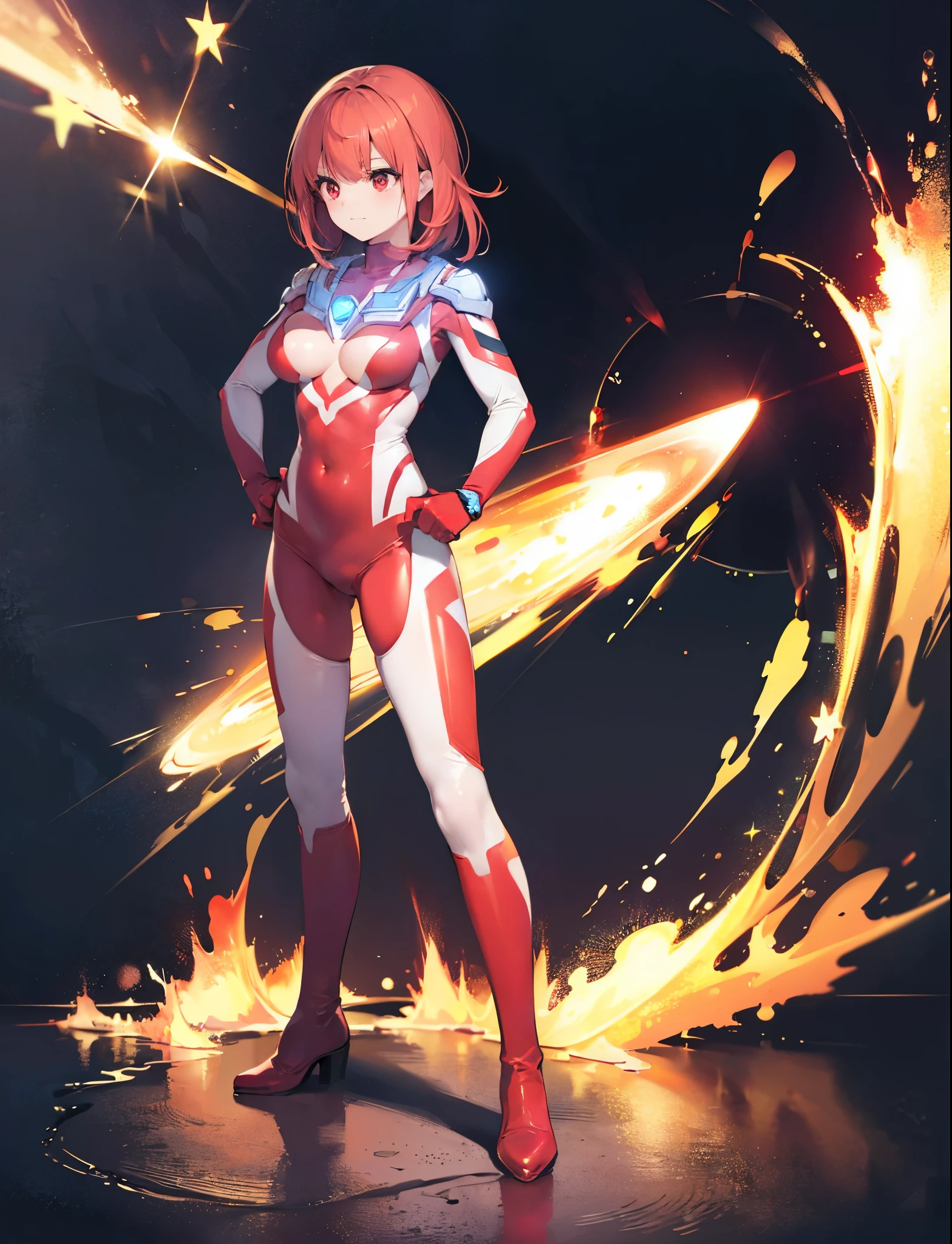 realistic,highest quality, ultra detail, High quality CG drawing, The most delicate and beautiful, Floating gently, High resolution, (1 girl), (Highest image quality,4K,8K,masterpiece:1.2),(all red hair:1.5), (medium hair:1.5),(red eyes:1.5), (ultra girl:1.0), (red ultraman bodysuit:1.4),(slightly bigger breasts:1.5),Upper body,(clenched fist:1.2),(put both hands on hips:1.2), red gloves,red shoes,(Turn your back to your audience:1.3),butt
