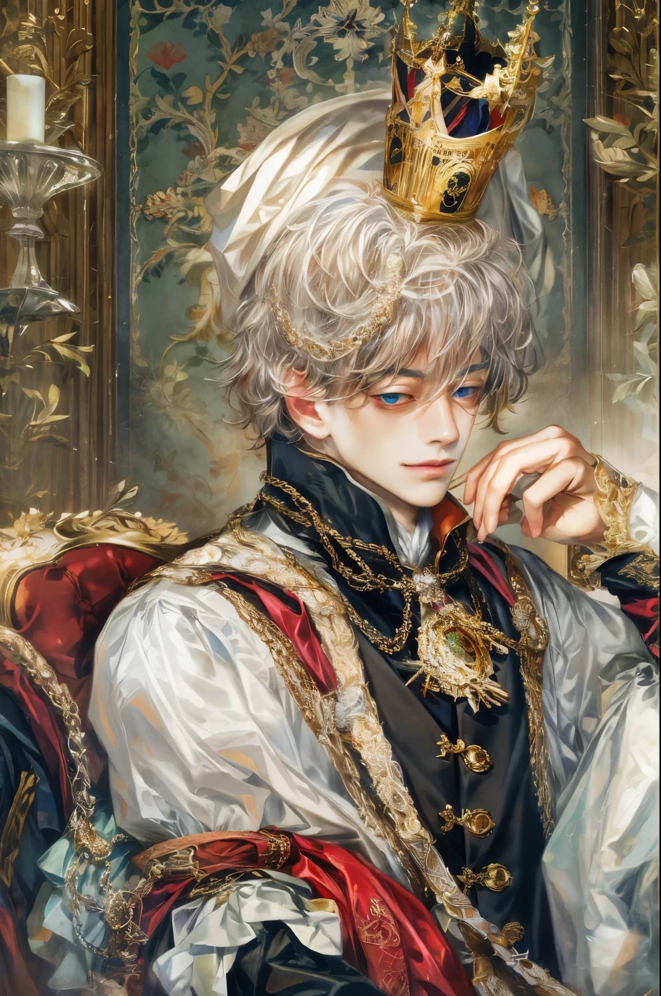 (absurdres, highres, ultra detailed, HDR), masterpiece, intricate, best quality, portrait of a handsome villain from alice in wonderland, the queen of hearts male version , short hair, korean face, anime eyes, Victorian prince outfit detailed interiors victorian style, detailed character