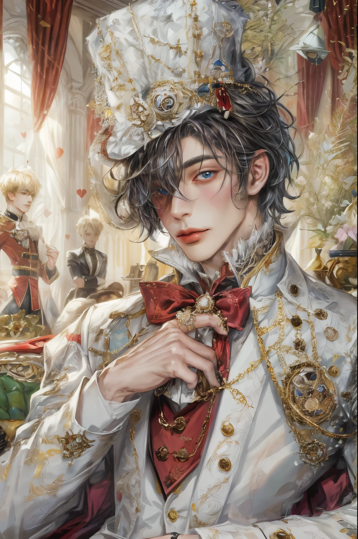 (absurdres, highres, ultra detailed, HDR), masterpiece, intricate, best quality, portrait of a handsome villain from alice in wonderland, the queen of hearts male version , short hair, korean face, anime eyes, Victorian prince outfit detailed interiors victorian style, detailed character