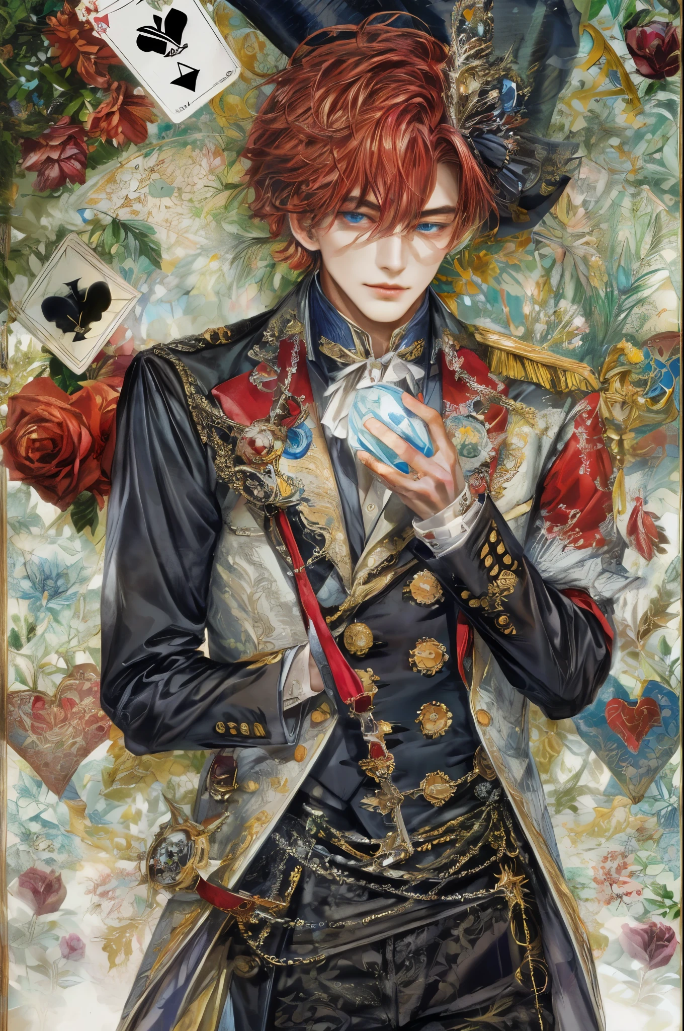 (absurdres, highres, ultra detailed, HDR), masterpiece, intricate, best quality, portrait of a handsome villain from alice in wonderland, the queen of hearts male version , short hair, korean face, anime eyes, Victorian prince outfit detailed interiors victorian style, detailed character