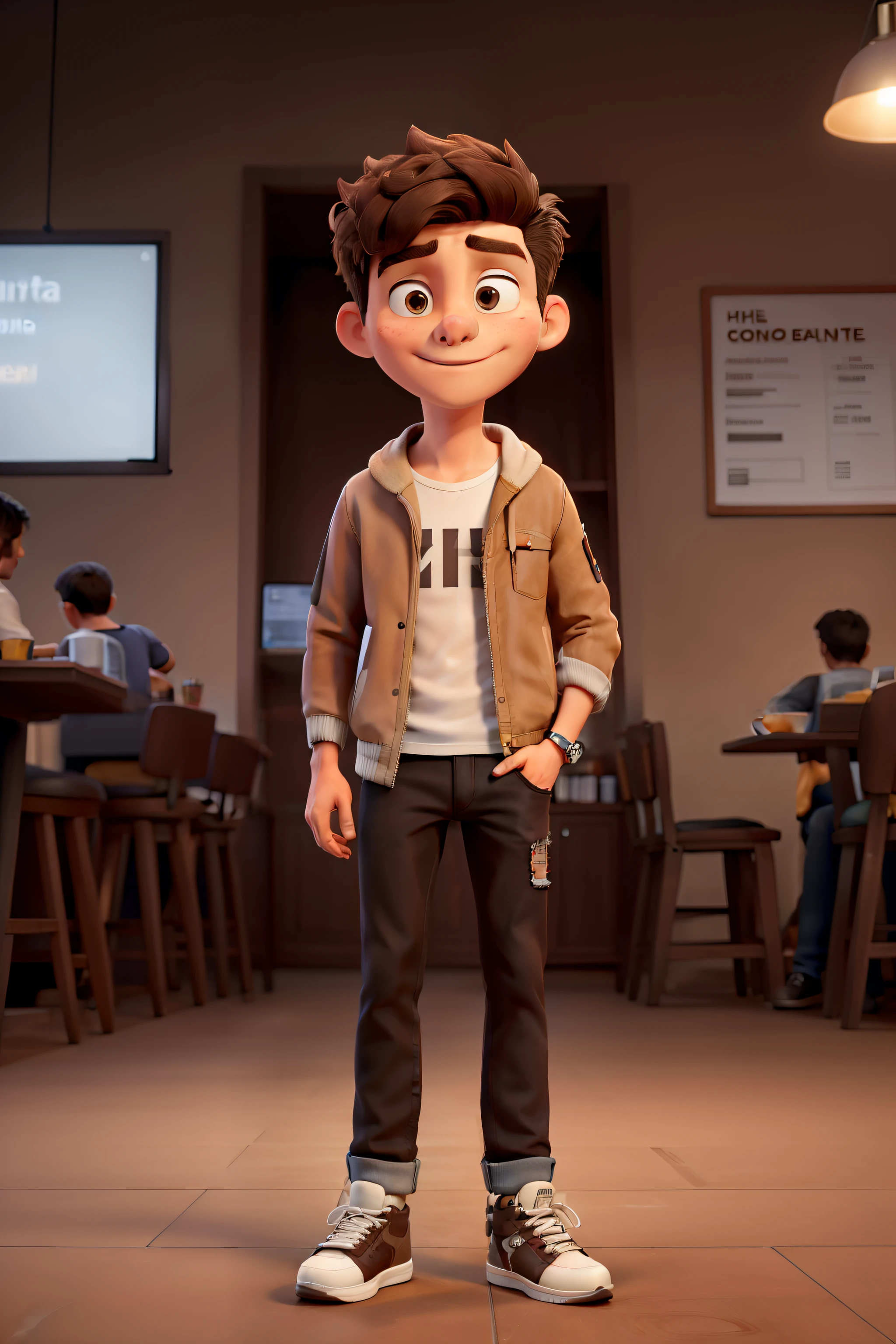 Young white man medium dark brown hair brown eyes wearing jacket Grab jeans black sneakers  in the coffee in a Jakarta coffee