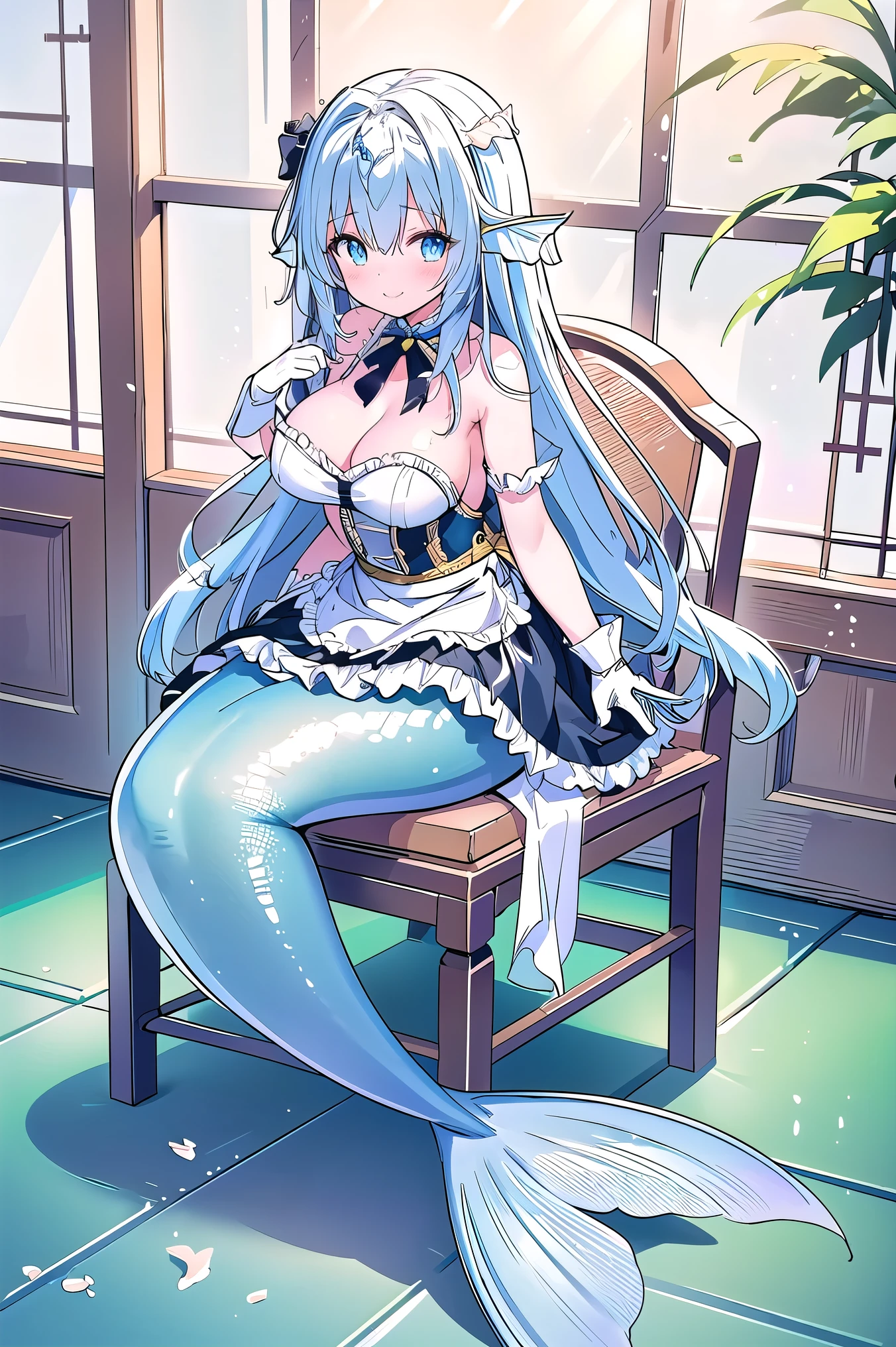 (masterpiece, best quality), a young girl,big breasts,Mermaid,long hair,maid,silky hair,sweet smile,Wearing a maid skirt,and white silk gloves,sit on the chair,full-body shot, kitchen,(delicate skin:1.3),(exquisite eyes), (sharp focus),(bright light)
