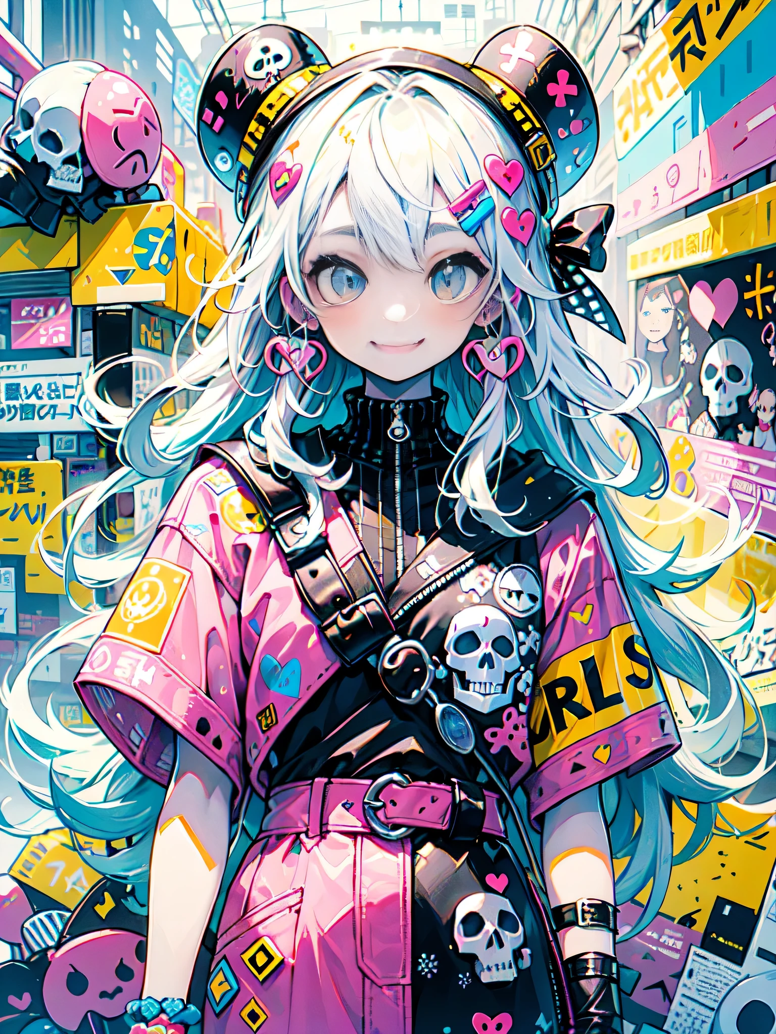 akira toriyama style、"cute, beautiful, Adorable girl wearing pink clothes, yellow, and baby blue color scheme. She is wearing a costume with a SKULL motif inspired by a female pirate.。.。.。.... her costume is fluffy and soft, Comes with decorative accessories such as hair clips. Embodying the vibrant and modern Harajuku fashion style。."、(((best smile)))、stylish design