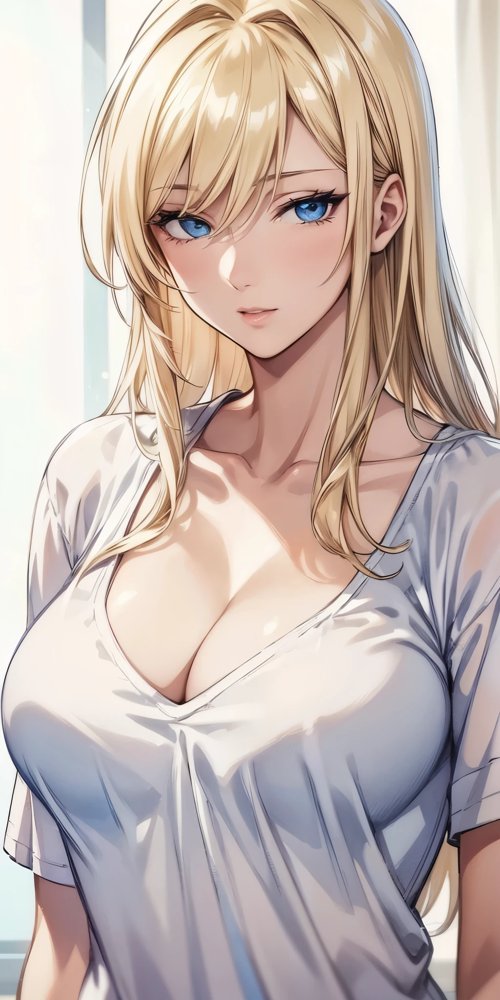 (best quality, highres), portrait, cool anime adult woman, blue eyes, blonde hair, 8k resolution, beautiful cg, soft light