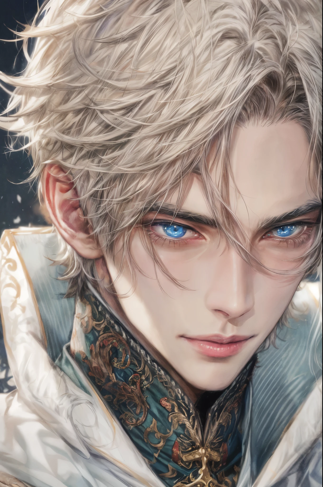 (absurdres, highres, ultra detailed, HDR), masterpiece, intricate, best quality, portrait of a handsome villain from alice in wonderland the white queen male version, short hair, korean face, anime eyes, Ice Prince outfit detailed interiors medieval style, detailed character