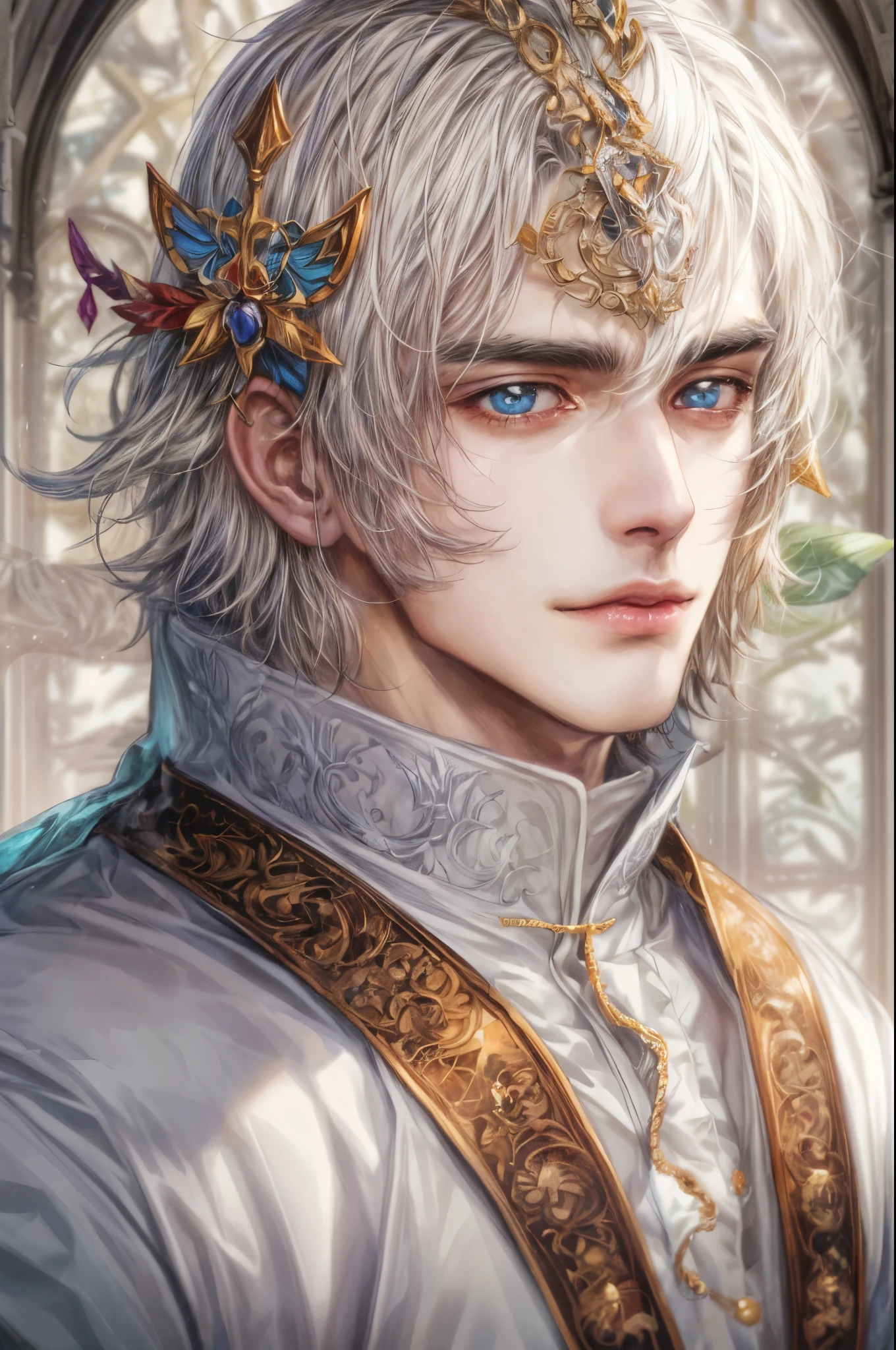 (absurdres, highres, ultra detailed, HDR), masterpiece, intricate, best quality, portrait of a handsome villain from alice in wonderland the white queen male version, short hair, korean face, anime eyes, Ice Prince outfit detailed interiors medieval style, detailed character