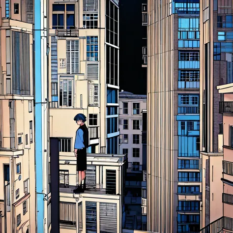 architect, man, middle of buildings, retro, 90’s anime vibe, lo-fi