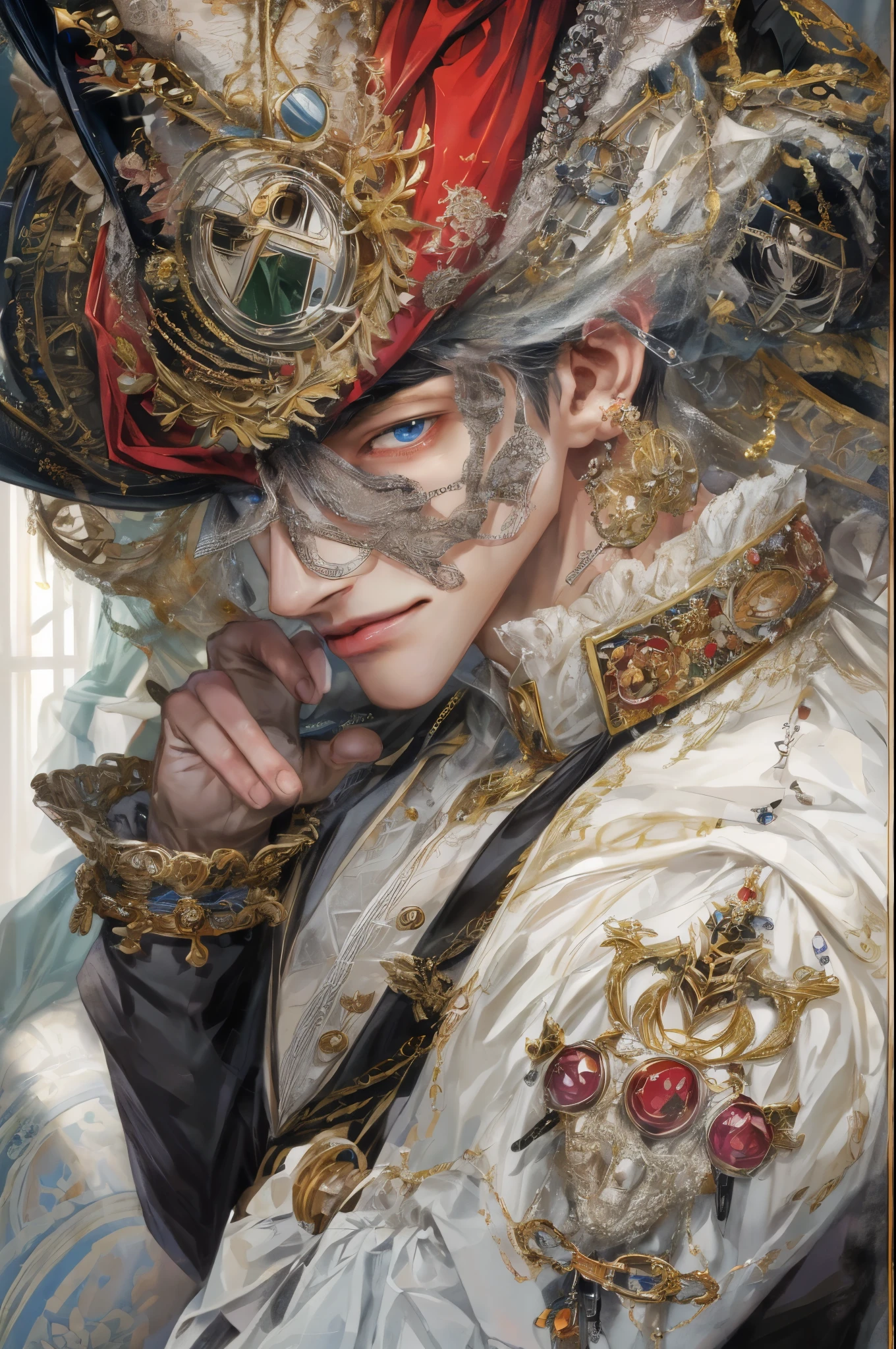 (absurdres, highres, ultra detailed, HDR), masterpiece, intricate, best quality, portrait of a handsome villain from alice in wonderland, the queen of hearts male version , short hair, korean face, anime eyes, Victorian prince outfit detailed interiors victorian style, detailed character