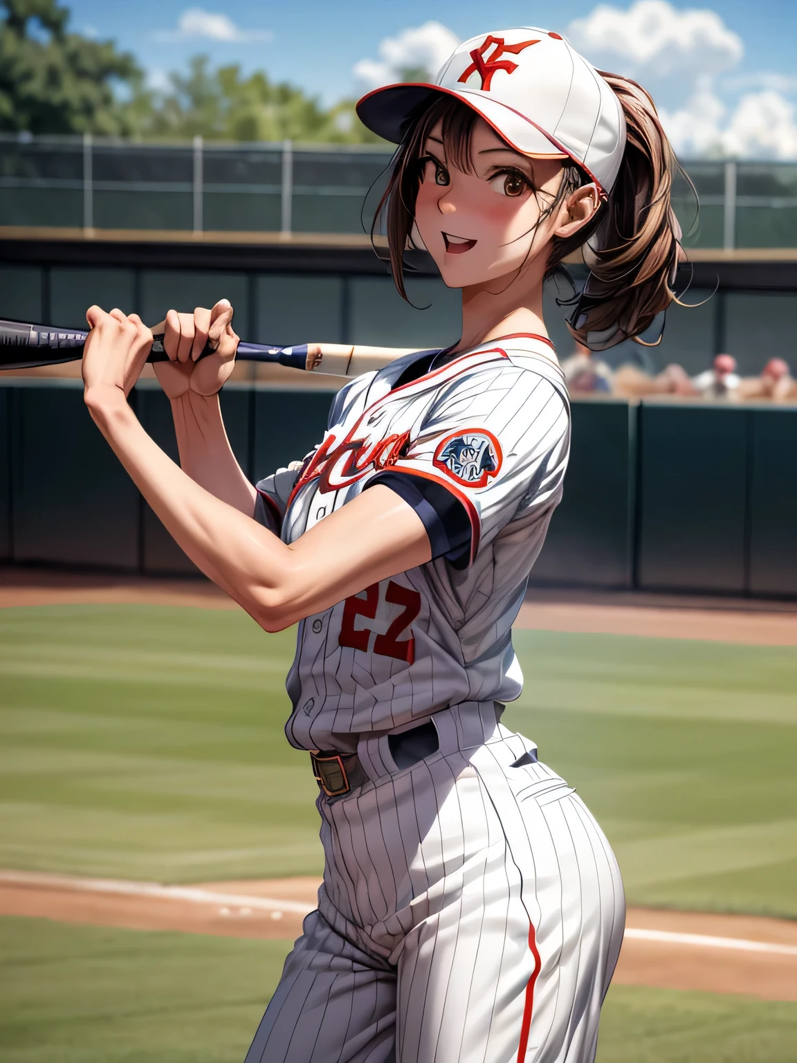 Baseball Cosplay, court, baseball uniform, Expression of victory,1 girl, wide angle shot, detailed uniform, I'm delighted, Depth of the bounds written, detailed realistic background, Diffused natural skin glow, summer