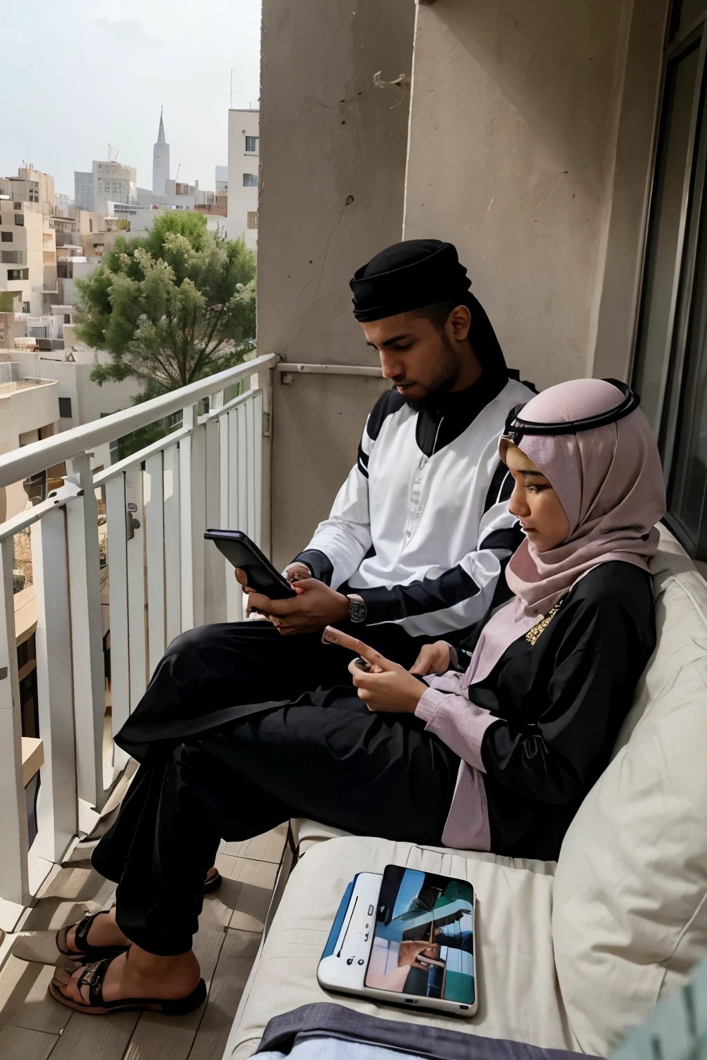 Maryam sits on her balcony reading the Quran, while Jihad plays a video game on his phone, uninterested.
Maryam: A young woman, religious and interested in the signs of God.
Jihad: A carefree young man, doesn't believe in God or the Day of Judgement