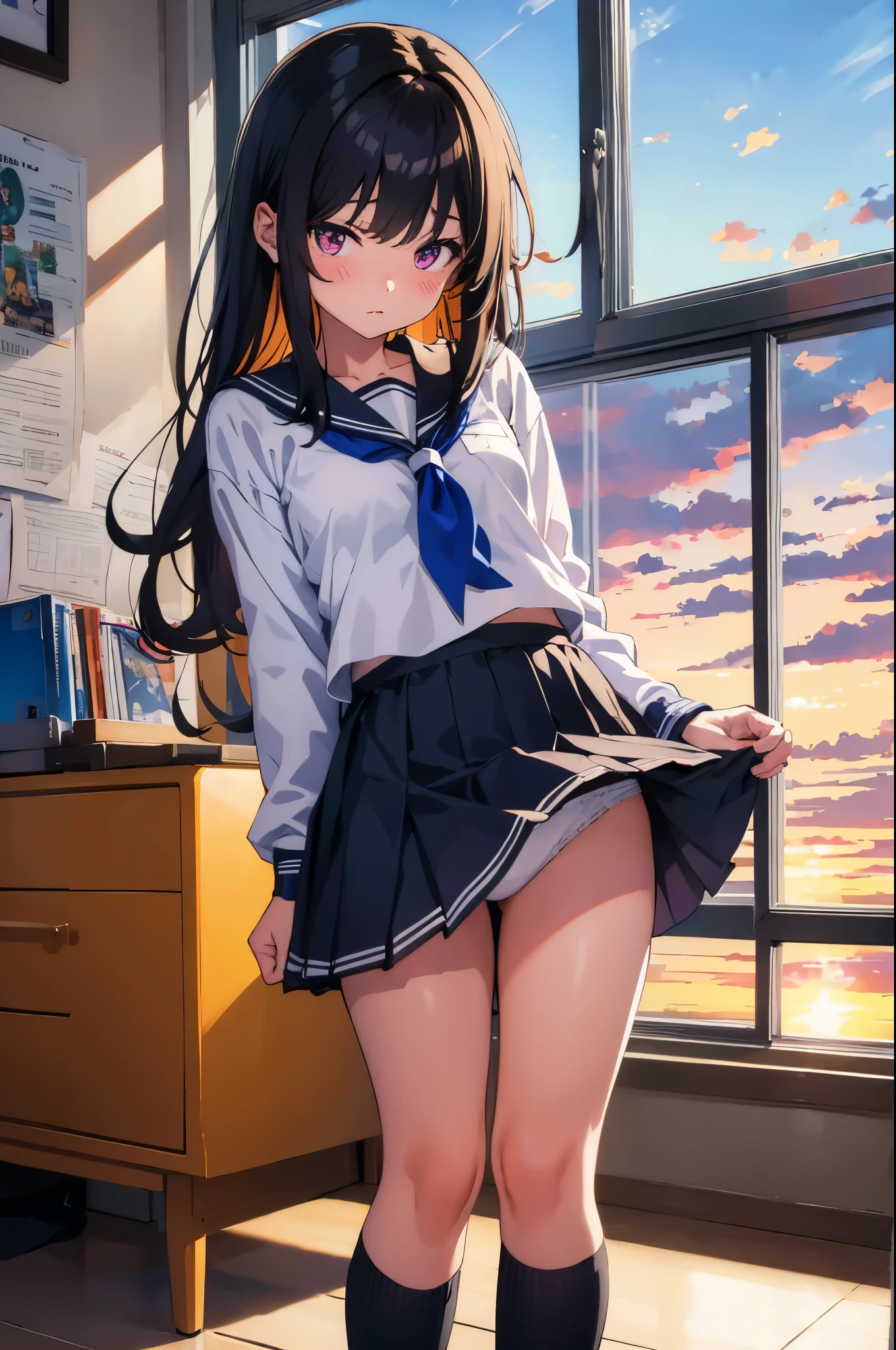 Evening school classroom　Sunset shines through the window　sunset　Backlight　elementary school girl　8-year-old　flat chest　black hair　long hair　eyes are purple　embarrassed look　（（1 person））　Upper half length sleeve white sailor uniform　Lower body navy blue miniskirt（（White panties are visible））　black socks　sneakers　standing by the window　spread your legs a little　I can see white panties　dynamic angle　upper body center　Low angle from the front