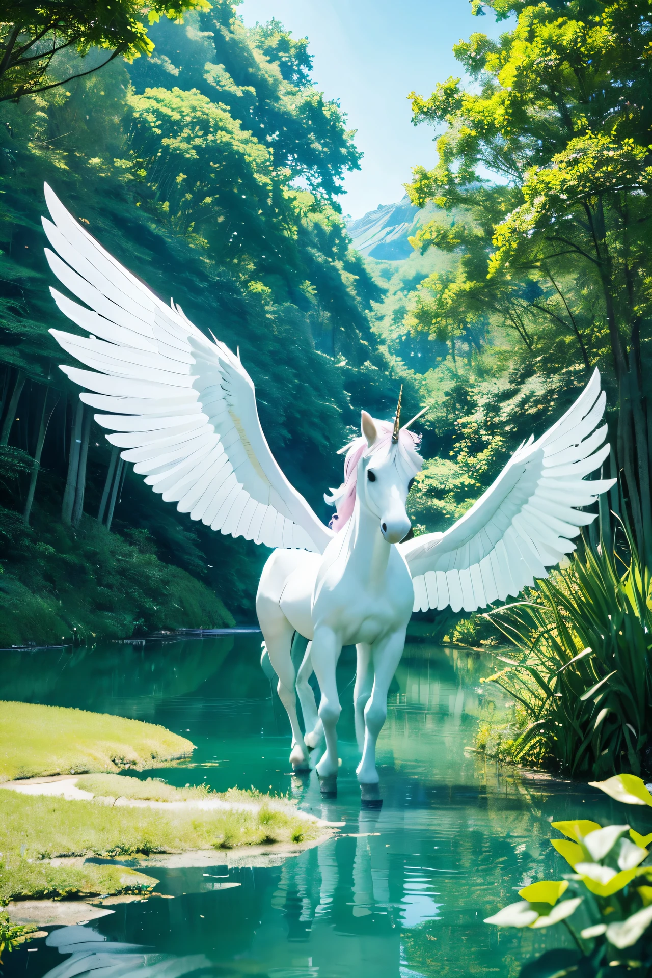 （Unicorn with beautiful pure white wings、high resolution）Mysterious and、Deeply moving、Emerald Green Lake、midnight