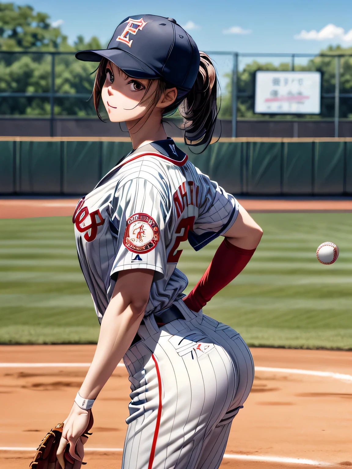 Baseball Cosplay, court, baseball uniform, 1 girl, wide angle shot, detailed uniform, I'm delighted, Depth of the bounds written, detailed realistic background, Diffused natural skin glow, summer、Slender like a model、No characters are written on uniforms and hats.、Standing in the batter's box、