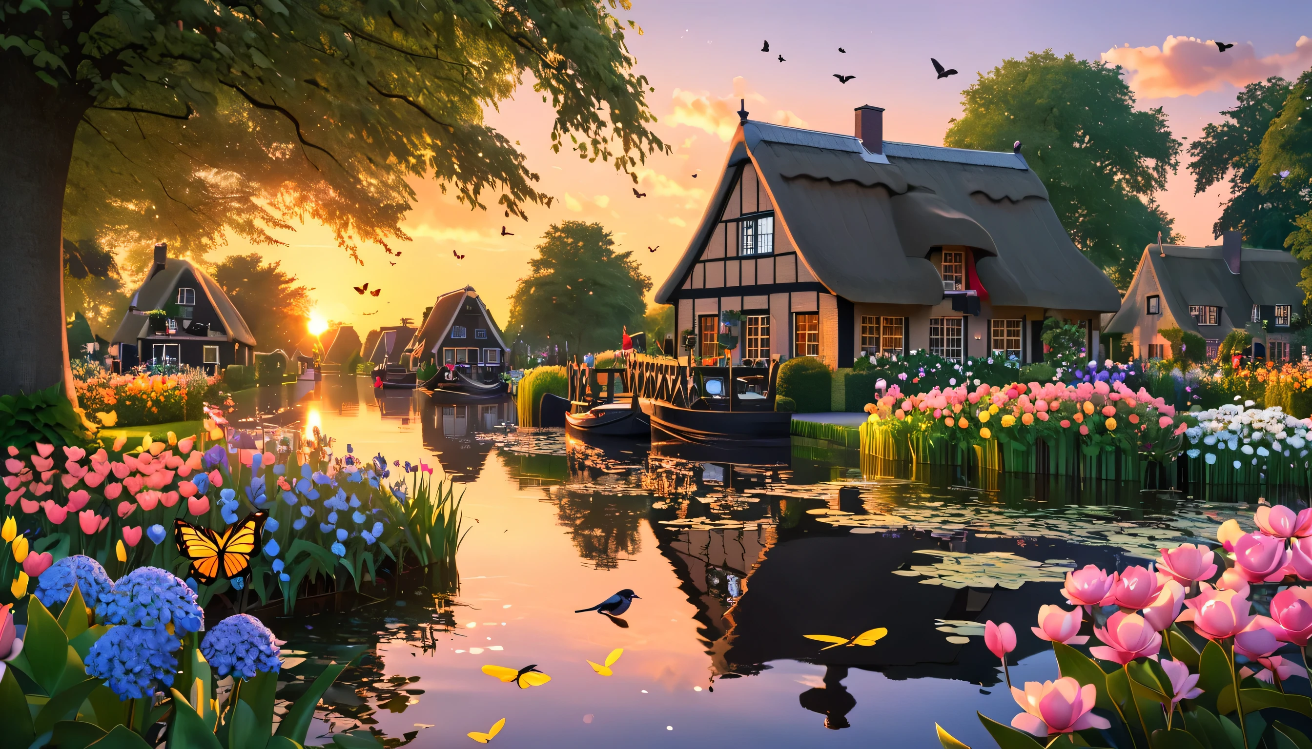 Um jardim com todos os tipos e cores de flores ,,Estilo Giethoorn, in the Netherlands , arte de qualidade, 8k ,sozinha, ao anoitecer ,butterflies and birds octane , tree, Sunset,detalhado