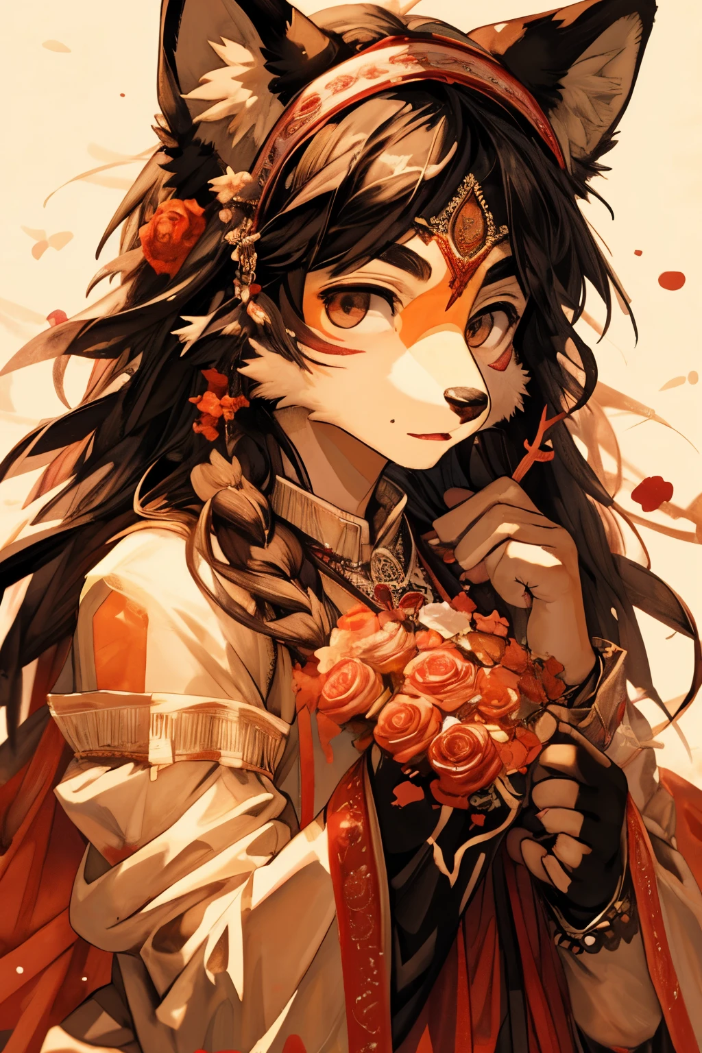 cover page, marriage information magazine, Watercolor elements, 1girl, kemono, furry, detailed body fur, animal face, animal hand, cute girl holding a red rose and looking at viewer,