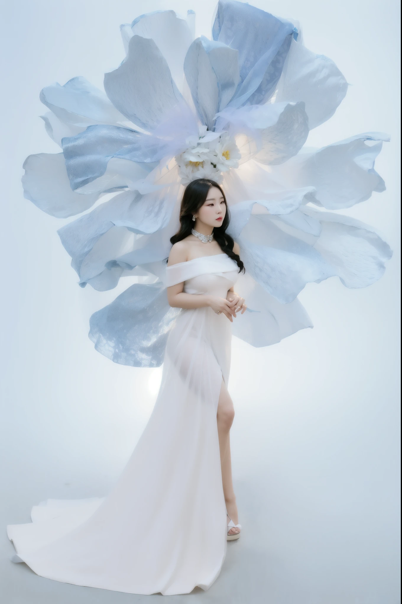 Best quality, masterpiece, ultra high res, (photorealistic:1.4), raw photo.
arafed woman in a white dress with a large blue flower, wearing organza gown, inspired by Zhang Yin, inspired by Sim Sa-jeong, a still of an ethereal, inspired by Huang Ji, inspired by Xie Sun, with frozen flowers around her, inspired by Jeong Seon, inspired by Tang Yifen, queen of the sea mu yanling, flowing gown