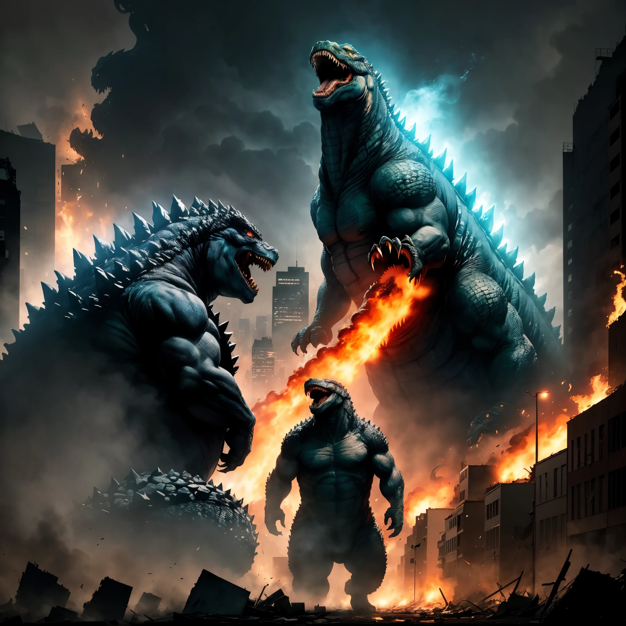 best quality,ultra-detailed,gigantic (Godzilla:1.2),destroyed cityscape,laser beam shooting from mouth,roaring in anger,enormous size,frighteningly detailed scales and texture,crumbling buildings,smoke and debris filling the air,chaos and destruction,devastated landscape,incredible power and strength,monstrous appearance,city on fire,frightened people running for their lives,explosions everywhere,dark and apocalyptic atmosphere,monster movie,creature from the depths,terrifying presence,horror,immense destruction,vivid colors,scary and thrilling,nighttime scene,huge reptilian monster