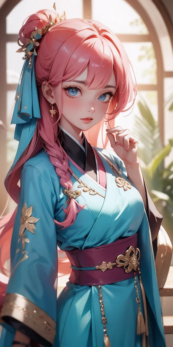 (finely detailed beautiful eyes and detailed face,masterpiece sidelighting,masterpiece,best quality,detailed,High resolution illustration),, (1 girl,whole body,beautiful girl,shiny skin,look down,looking at the audience),, (pink hair,blue eyes,ribbon,Hanbok, korean clothes), (clothed_Lower chest:1.2),Lower chest,