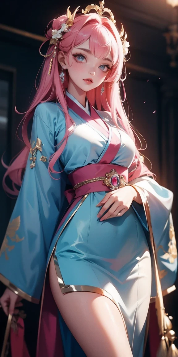 (finely detailed beautiful eyes and detailed face,masterpiece sidelighting,masterpiece,best quality,detailed,High resolution illustration),, (1 girl,whole body,beautiful girl,shiny skin,look down,looking at the audience),, (pink hair,blue eyes,ribbon,Hanbok, korean clothes), (clothed_Lower chest:1.2),Lower chest,