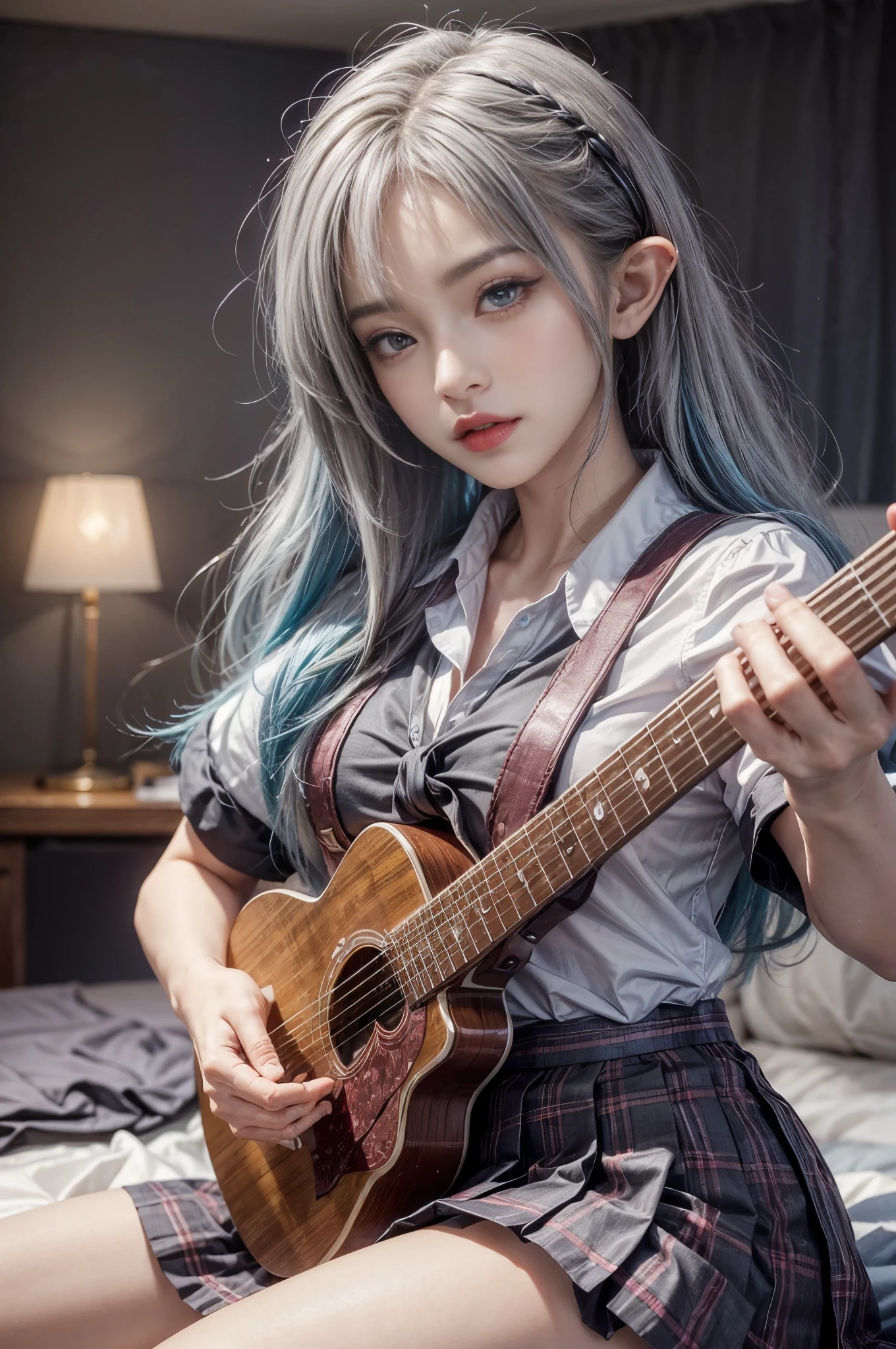 (front pin、perfect anatomy:1.5)、(Super detailed、16K quality、real skin: 1.6)、hyper realist、Photoreal.cinematic lighting、highly detailed face、1 girl、 (Beautiful 24 year old half-elf girl、elf ears)(beautiful blue hair:1.7)(big slit eyes、eye shadow、eyeliner、Yellow eyes:1.5)Flashy gal makeup、(unbalanced chest、big :1.4)sunburn、eyeliner、red lips.
(Schoolgirl shirt:1.4) paired with (gray pleated skirt:1.3) and (barefoot:1.2). (guitar🎸、guitarを手に持っている、guitarを演奏:1.4)
(Highly detailed and accurate arms and legs)whole body、(sitting on a king size bed:1.3)(modest love hotel room、pink light lighting、Spotlight:1.2)