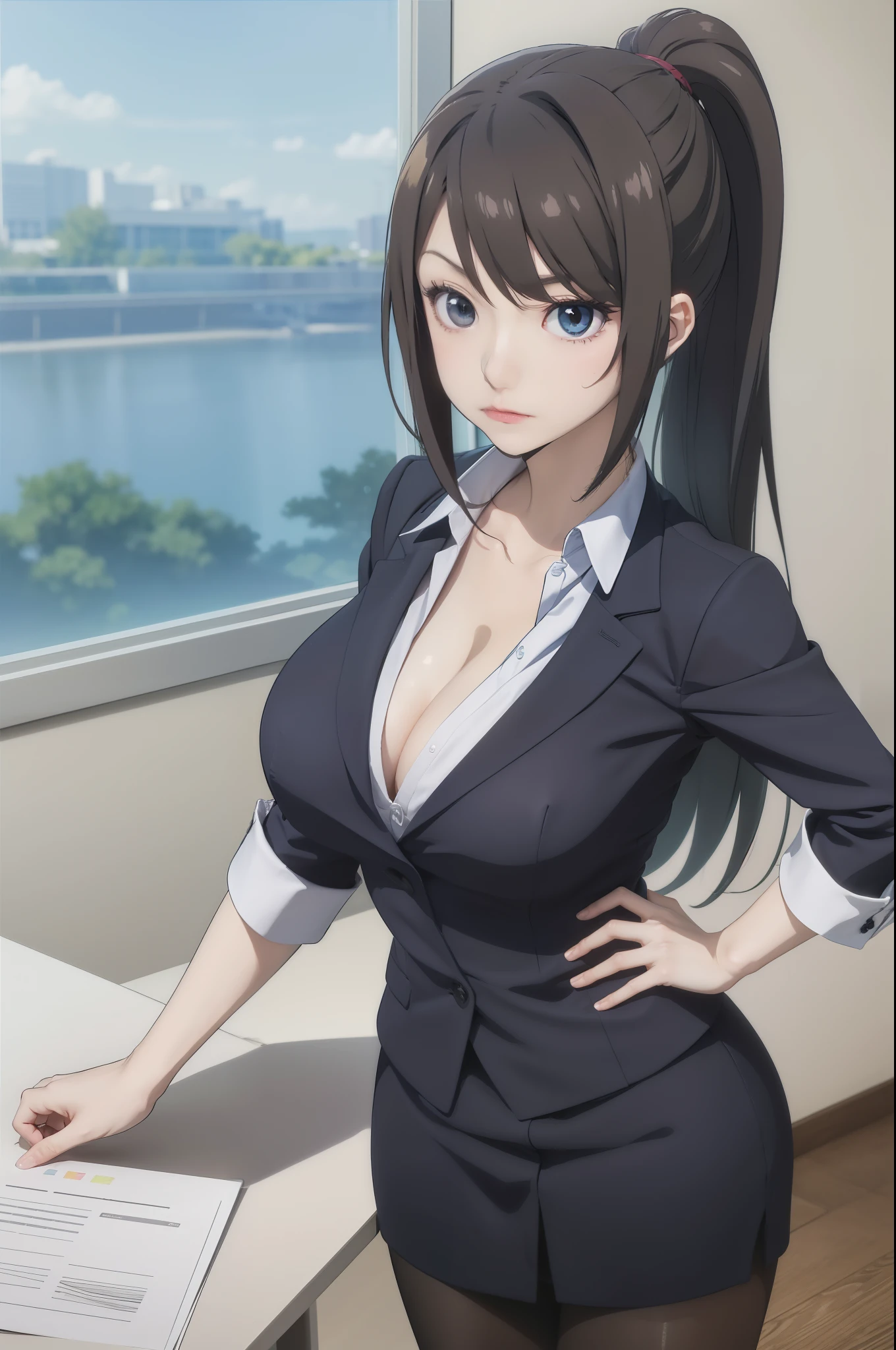 Anime girl in a suit standing in front of the window, seductive anime girl, tits, (software) safe for work, wearing a strict business suit, attractive anime girl, wearing a strict suit, beautiful alluring anime woman, in a strict suit, Spy x Family Anya, small details. girl frontline, Smooth anime CG art, anime woman, anime womanキャラクター、long and high ponytail