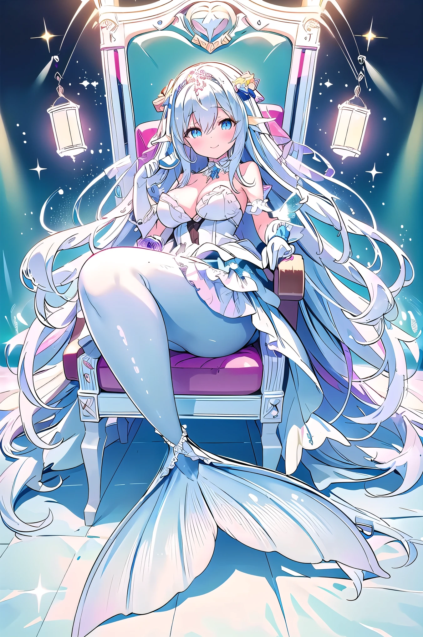 (masterpiece, best quality), a young girl,big breasts,Mermaid,long hair,maid,silky hair,sweet smile,Wearing white wedding dress,and white silk gloves,sit on the chair,full-body shot, wedding,(delicate skin:1.3),(exquisite eyes), (sharp focus),(bright light)