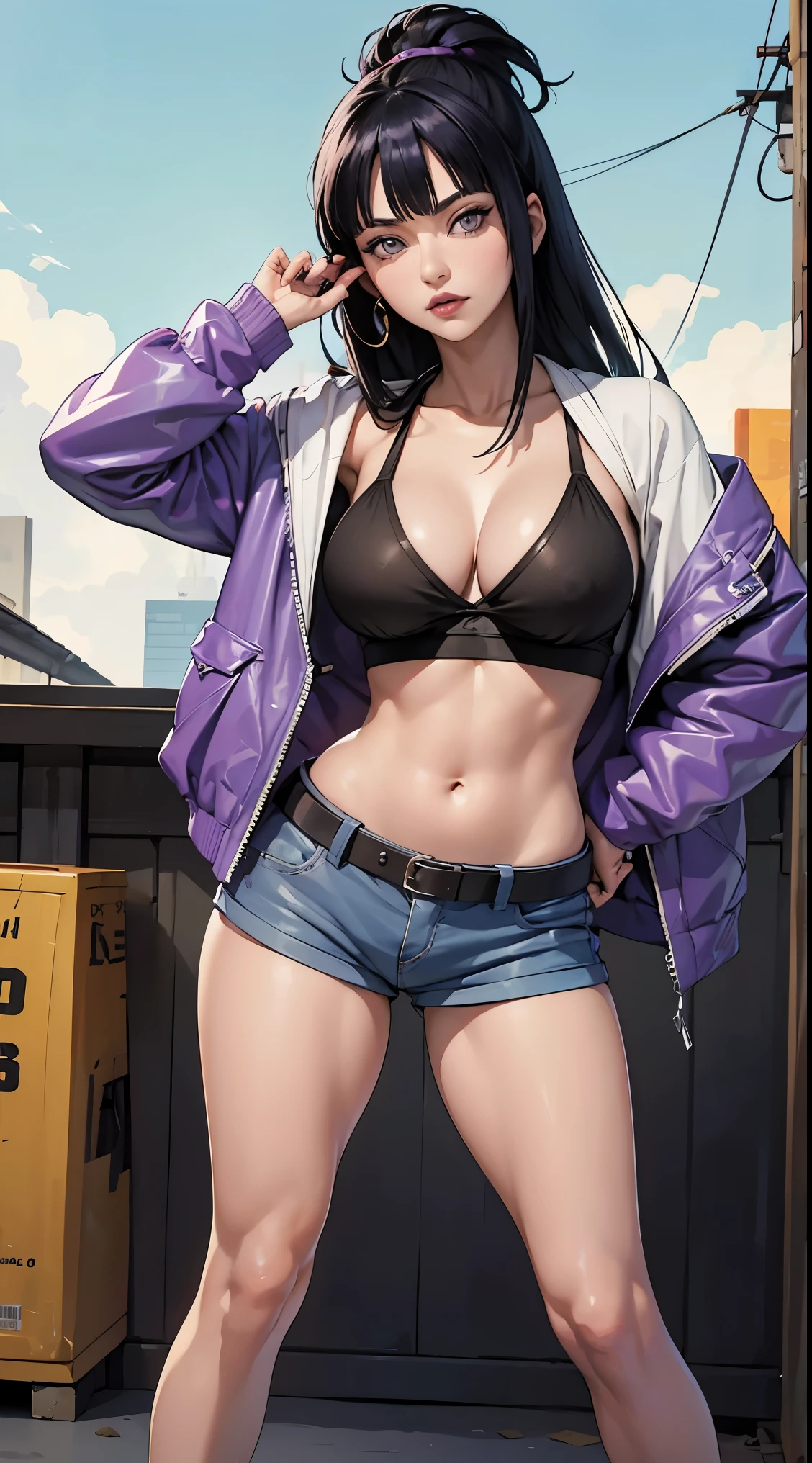 Hinata Hyuga, Anos 90, Moda Hip Hop, suburb, brooklyn 1993, Extremamente Realista, muito linda, sexy, bunda Grande, pernas grossas, usando um short curto, bunda empinada, estilo Hip Hop, anos 90, extremamente bonita