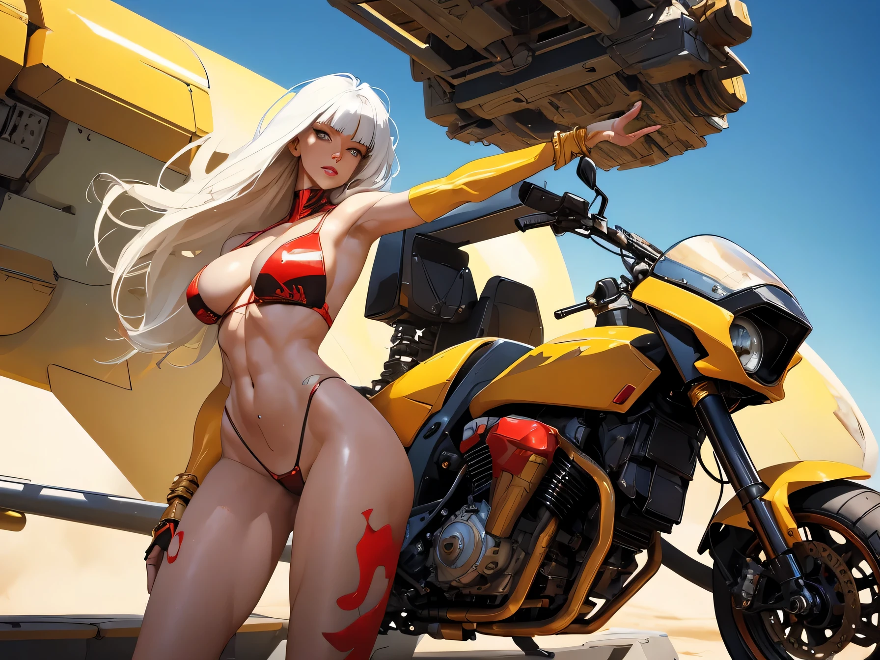 (((Simon Bisley)))), Mature woman 35 years gorgeous, giant robot pilot, wild with perfect body, bare thighs, slim thighs, long legs, white hair with bangs, wearing little clothes, tiny thong, red accent, white, yellow gold, sensual pose, pose with attitude, add movements, large breasts, technological scenery