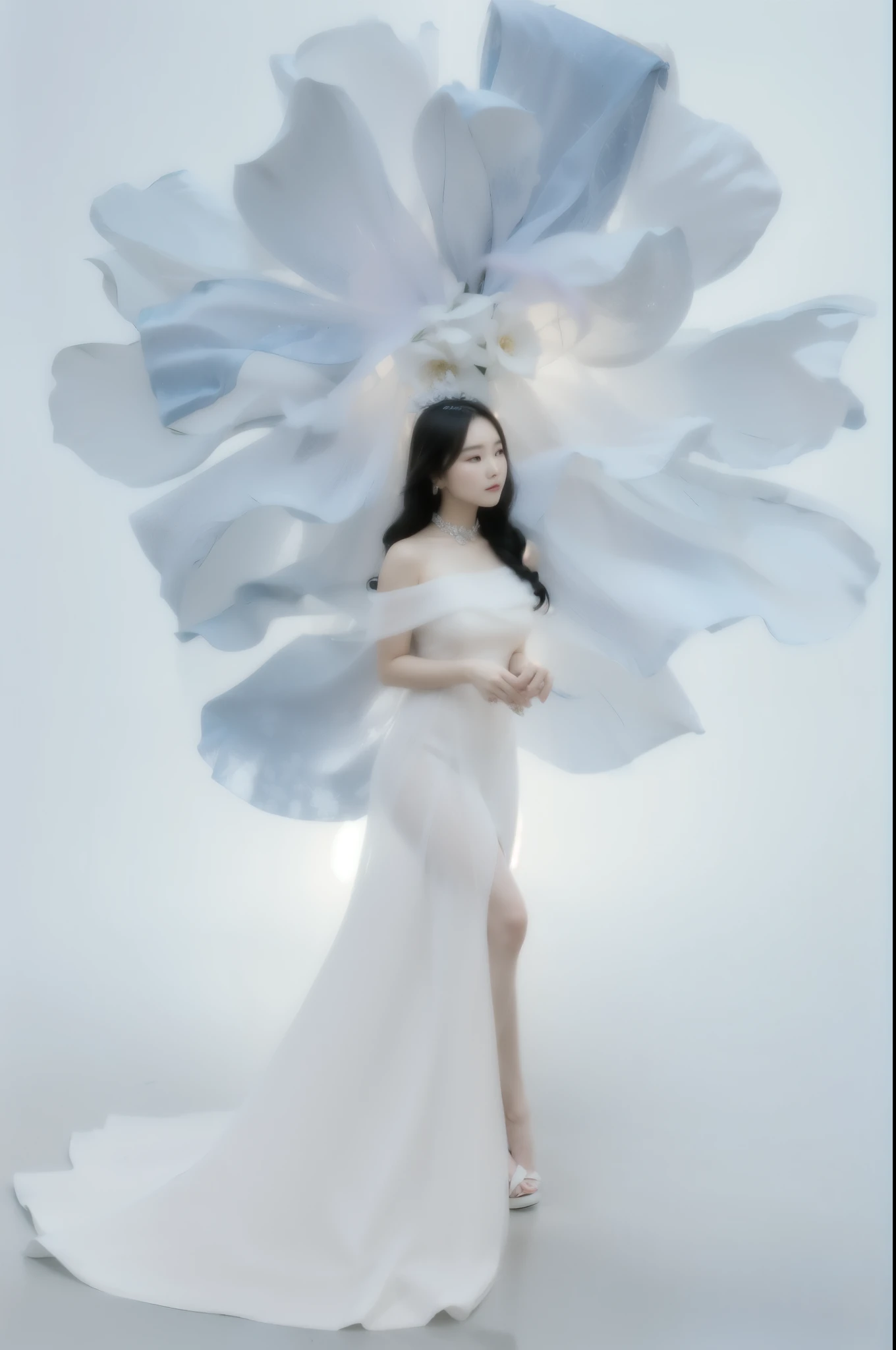 Best quality, masterpiece, ultra high res, (photorealistic:1.4), raw photo.
arafed woman in a white dress with a large blue flower, wearing organza gown, inspired by Zhang Yin, inspired by Sim Sa-jeong, a still of an ethereal, inspired by Huang Ji, inspired by Xie Sun, with frozen flowers around her, inspired by Jeong Seon, inspired by Tang Yifen, queen of the sea mu yanling, flowing gown