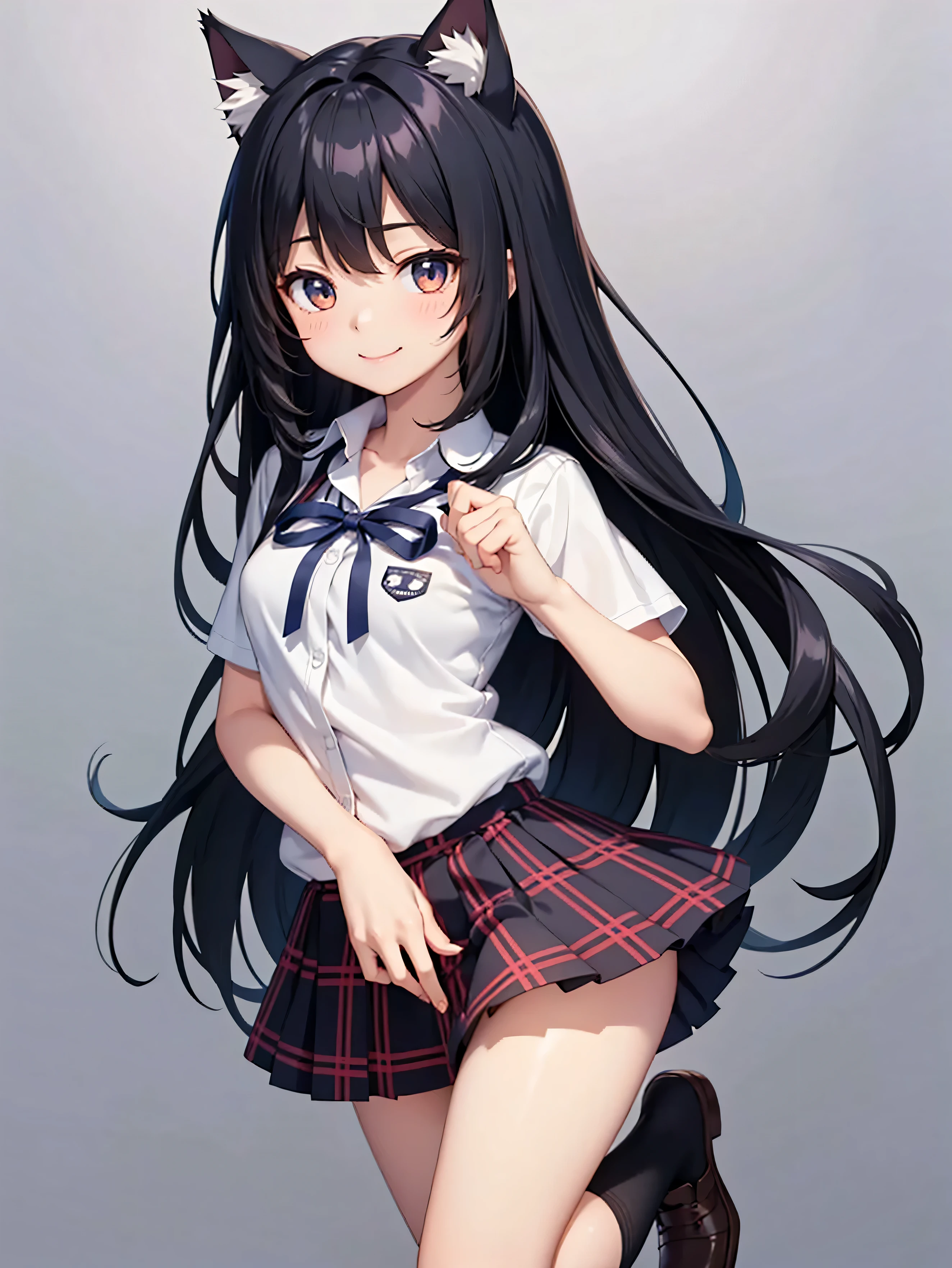 girl,one person, long black hair, Cat ear, Cute anime visuals, , high school girl, ribbon on the chest, tartan check miniskirt, white short sleeve shirt, navy blue socks, smile, blank background, whole body, high quality,white shirt