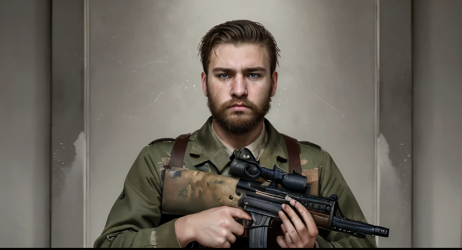 ((Masterpiece)), ((best quality)), ((Hand holding a rifle)​), ((Revenge novel cover)), ((His face was filled with anger and sadness.)), A young man of German nationality, 20 years old, with a beard.