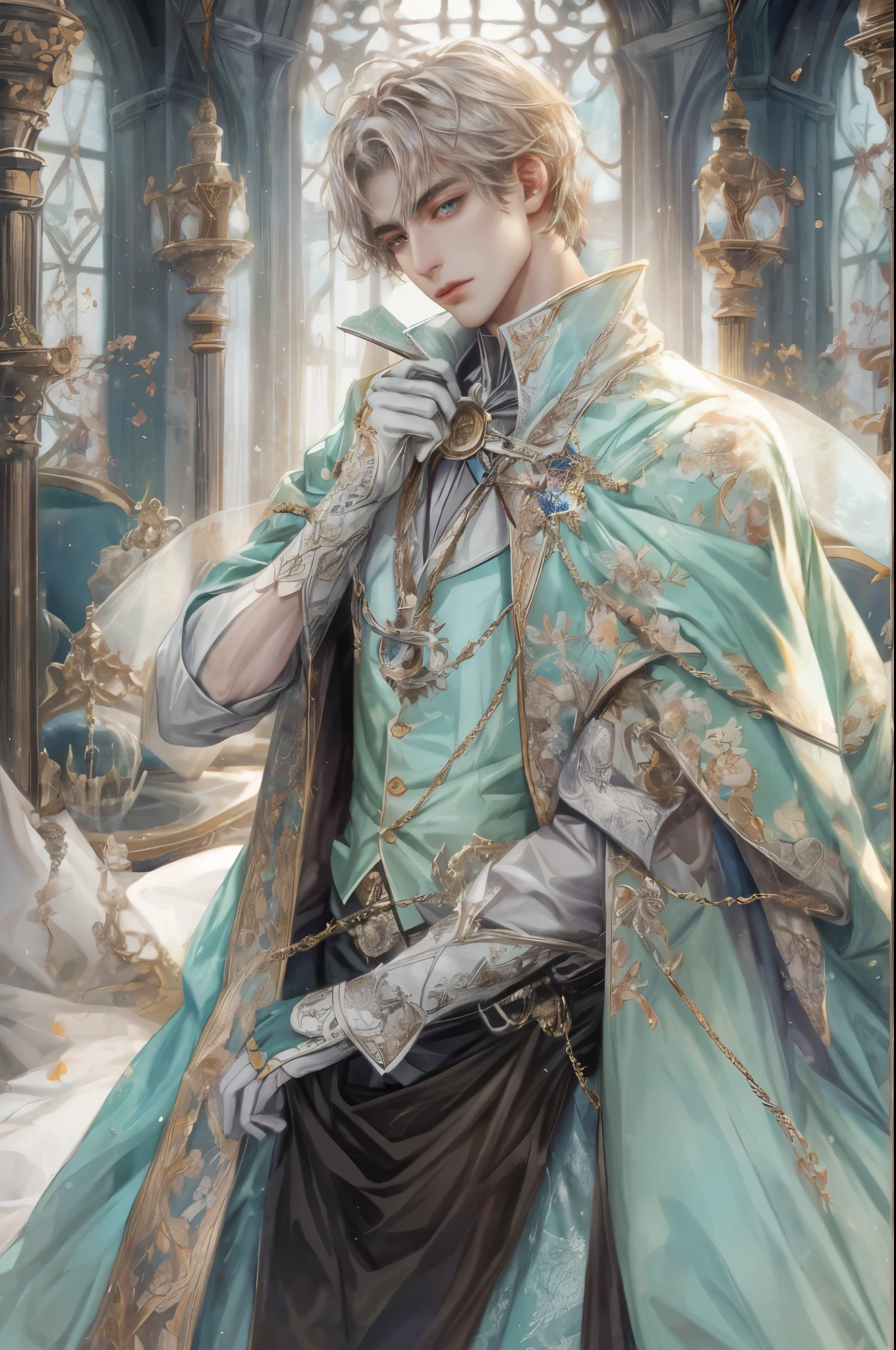 (absurdres, highres, ultra detailed, HDR), masterpiece, intricate, best quality, portrait of a handsome villain from alice in wonderland the white queen male version, short hair, korean face, anime eyes, Ice Prince outfit detailed interiors medieval style, detailed character