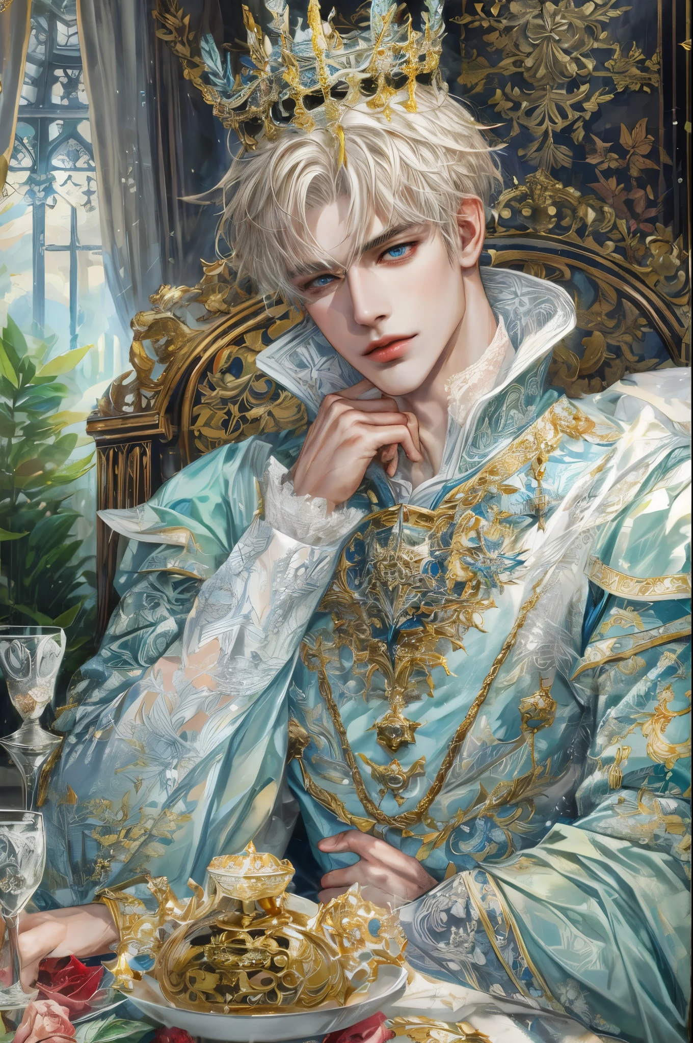(absurdres, highres, ultra detailed, HDR), masterpiece, intricate, best quality, portrait of a handsome villain from alice in wonderland the white queen male version, short hair, korean face, anime eyes, Ice Prince outfit detailed interiors medieval style, detailed character