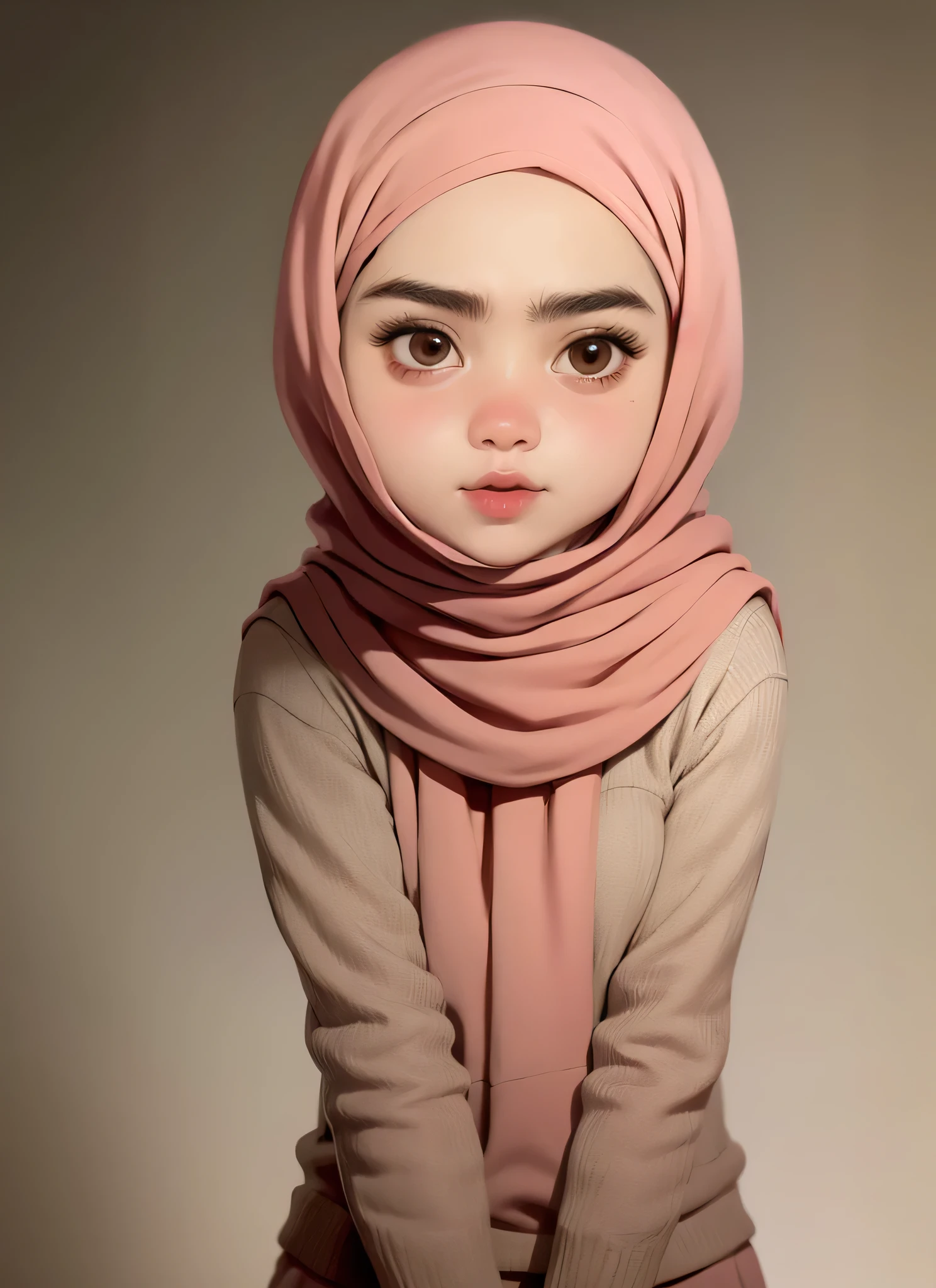 super cute girl IP by popmart,natural light,Adorable,Youthful,Animated, pixar style, hijab style, muslim, gray background