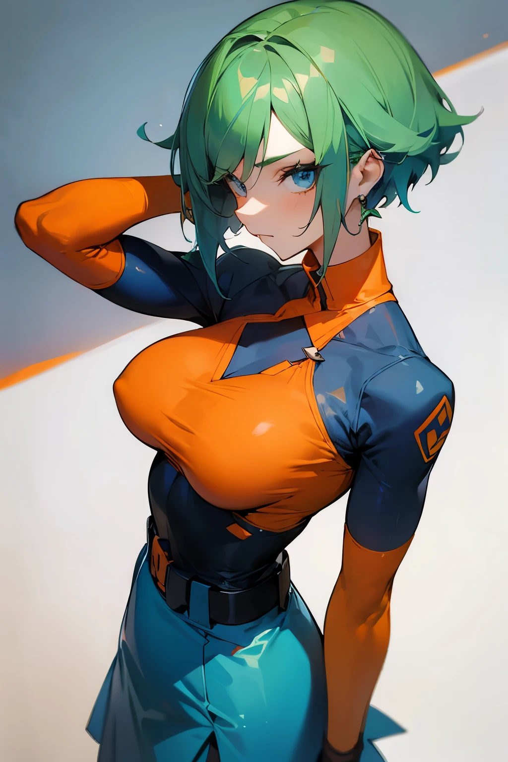 Beautiful girl, short green hair, blue eyes, earrings, orange shirt, blue skirt, combat clothing, slim waist, big breasts, tempting