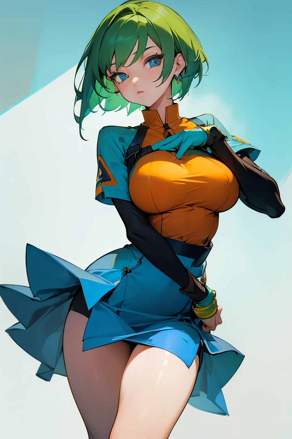 Beautiful girl, short green hair, blue eyes, ball earrings, orange shirt, blue skirt, combat clothing, slim waist, big breasts, tempting