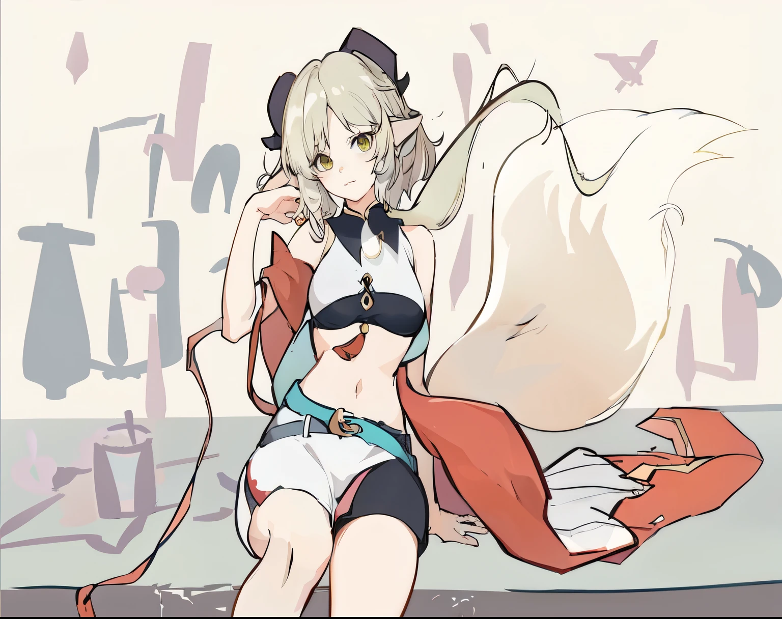 Anime girl with cat tail and hat and red cape, , in a dress, fleet collection style, Highest rated on pixiv, on pixiv, ayaka Genshin impact, pixiv, , zero art, Azure Lane style, Kushat Kenzi, Genshin, keqing from Genshin impact