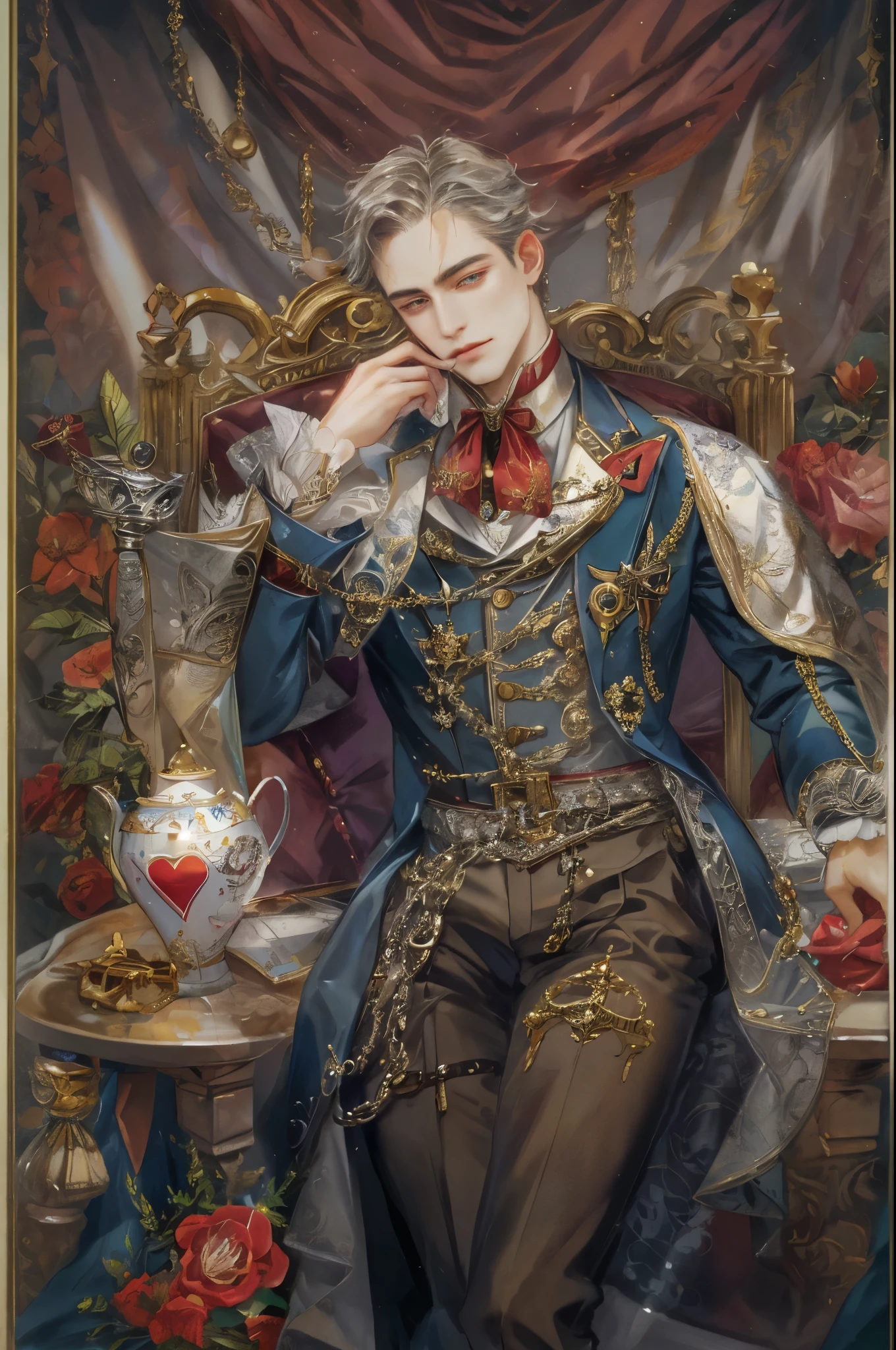(absurdres, highres, ultra detailed, HDR), masterpiece, intricate, best quality, portrait of a handsome villain from alice in wonderland, the queen of hearts male version , short hair, korean face, anime eyes, Victorian prince outfit detailed interiors victorian style, detailed character