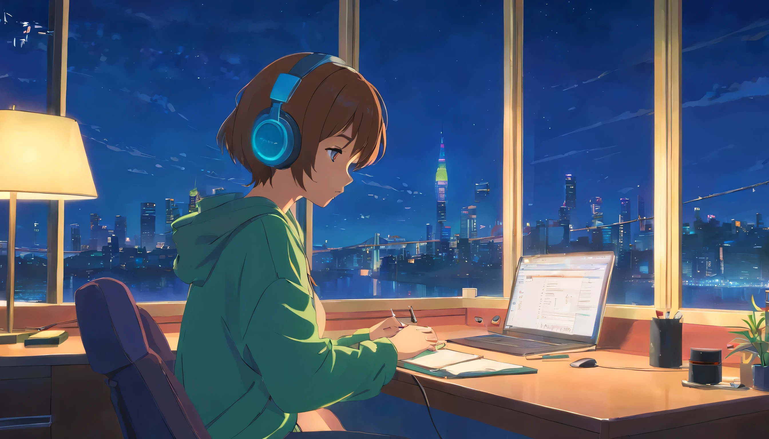 Portrait、lo-fi、Girl wearing headphones and sitting on a chair、nap at desk、close your eyes、city view outside the window、night、pastel colour、painting