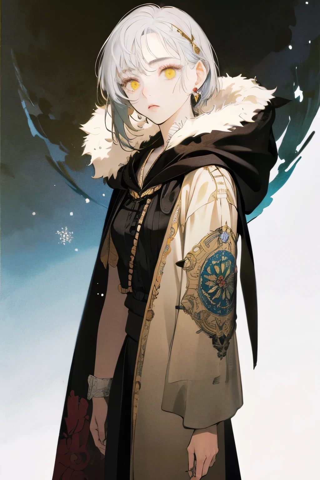(((masterpiece))),best quality, 1female, wolfcut hair, silver hair, yellow eyes, half body, cold eyes, dark robe plain, hooded off, no background, solo, 1girl, half-body,