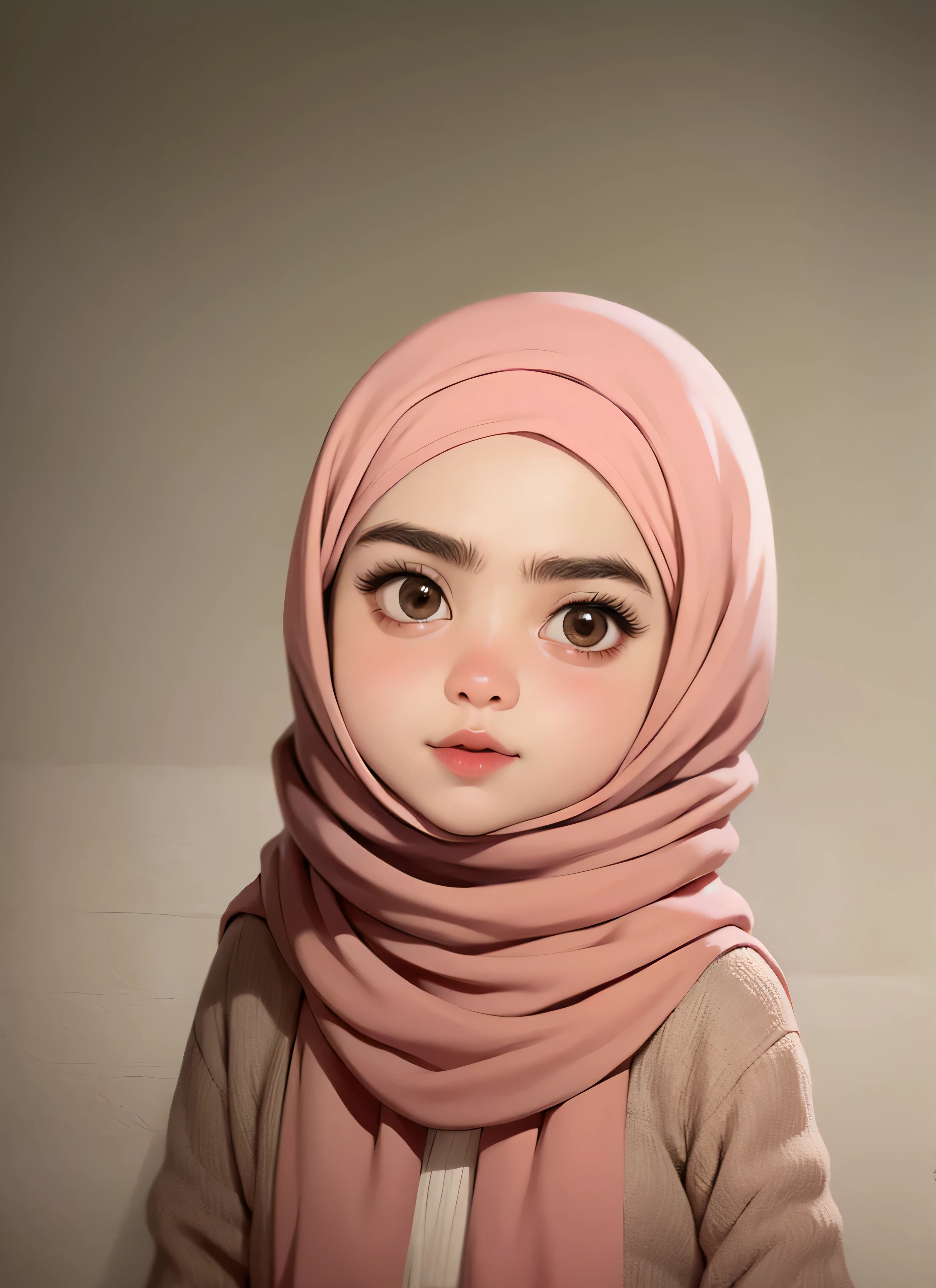 super cute girl IP by popmart,natural light,Adorable,Youthful,Animated, pixar style, hijab style, muslim, gray background