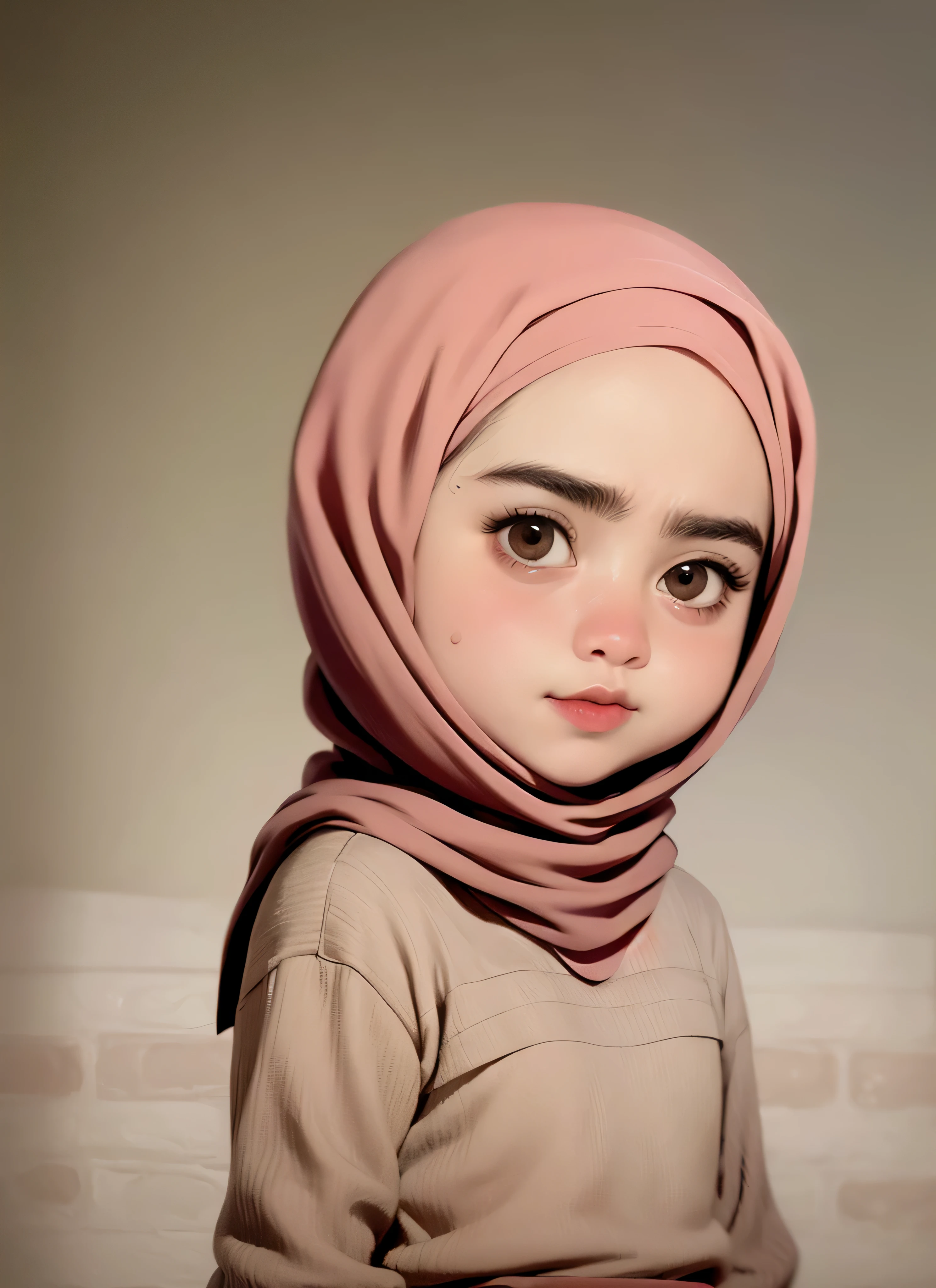 super cute girl IP by popmart,natural light,Adorable,Youthful,Animated, pixar style, hijab style, muslim, gray background