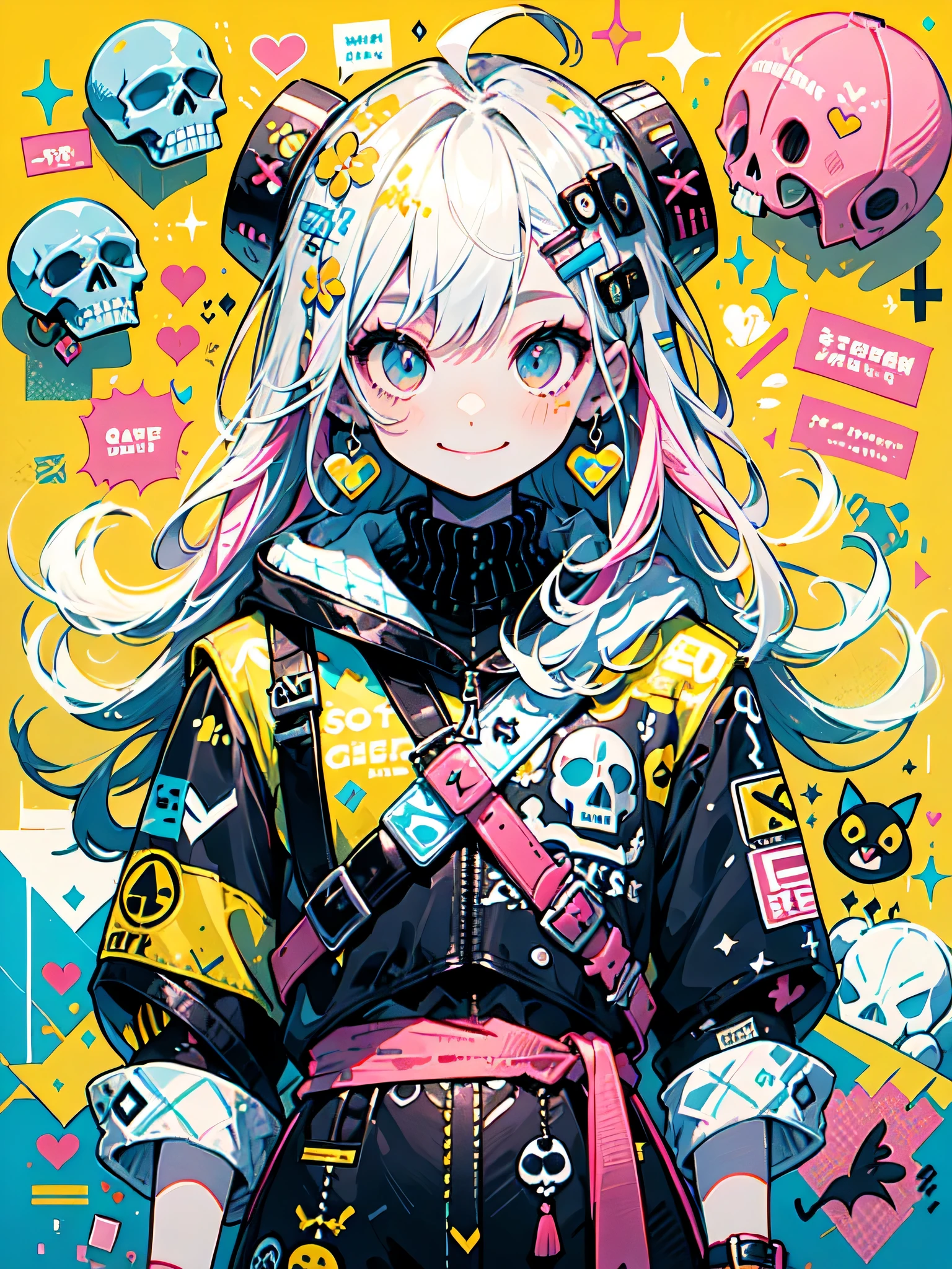 akira toriyama style、"cute, beautiful, Adorable girl wearing pink clothes, yellow, and baby blue color scheme. She is wearing a costume with a SKULL motif inspired by a female pirate.。.。.。.。.... her costume is fluffy and soft, Comes with decorative accessories such as hair clips. Embodying the vibrant and modern Harajuku fashion style。." 、(((best smile)))、stylish design