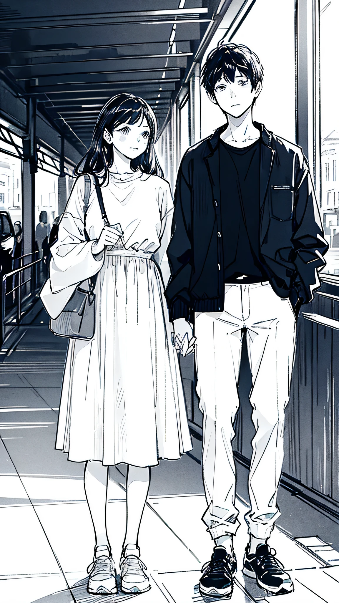 (main scene)A couple standing side by side on a train platform, holding hands lightly. The man is a 190cm tall male with naturally wavy chestnut hair and wearing a navy jacket over a white t-shirt with slim jeans. The woman is a 160cm tall female with straight black hair that falls shoulder-length, dressed in a pink one-piece dress and wearing high-heeled sneakers. (texture) The artwork is rendered in a realistic and photorealistic style with ultra-detailed precision. The colors are vivid and the lighting creates a warm and inviting atmosphere. (additional details) The train platform is bustling with people, indicating a busy and vibrant location. There are other couples and individuals waiting for their trains in the background. The train tracks stretch into the distance, disappearing into a beautiful city skyline. The couple's expressions show happiness and contentment, with a hint of excitement for the journey ahead. (image quality) The artwork is of the best quality, featuring high resolution (4k or 8k) and exquisite attention to detail. The portrayal of the couple's features, such as their eyes, lips, and facial expressions, is extremely detailed and lifelike. The overall composition and perspective are well thought-out, providing a visually striking image. (art style) The artwork is inspired by romantic portraits, capturing the essence of love, connection, and anticipation. The artist's use of color and composition adds depth and emotion to the scene, creating a sense of intimacy and warmth. (color palette) The color palette is dominated by soft pastel tones, with a focus on shades of pink for the woman's dress. The overall color scheme is harmonious and soothing, evoking a sense of love and tenderness. (lighting) The scene is bathed in warm, golden light, casting soft shadows and enhancing the romantic atmosphere. The artist skillfully plays with light and shadow to create depth and dimension, adding a touch of magic to the scene. Remember, the prompt